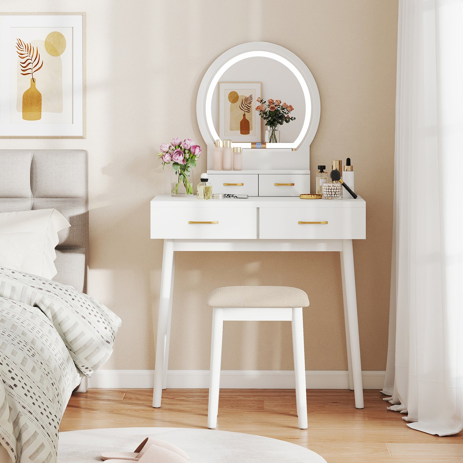 Small Vanity Makeup Dressing Table Set with Cushioned Stool and LED Lighted Mirror