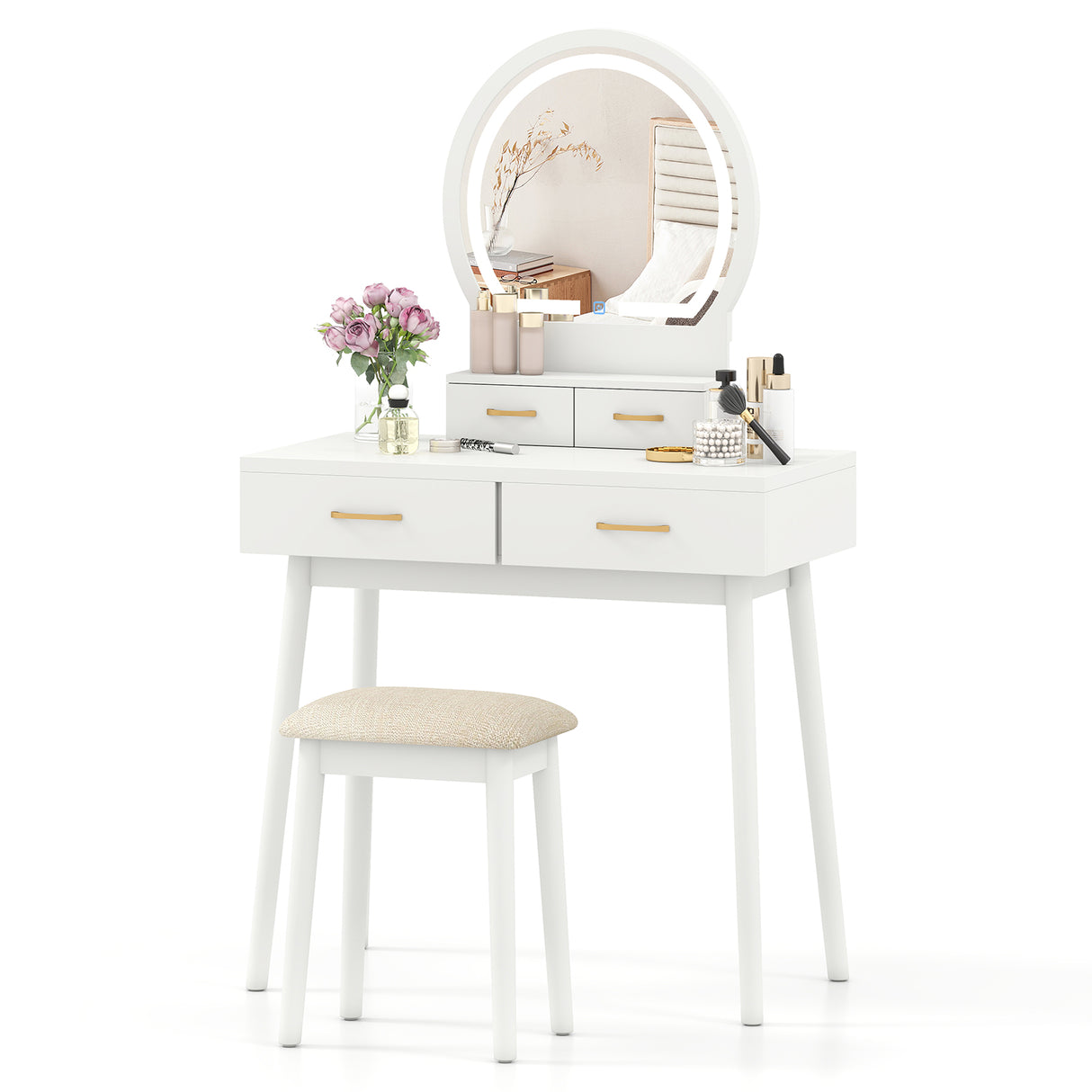 Small Vanity Makeup Dressing Table Set with Cushioned Stool and LED Lighted Mirror