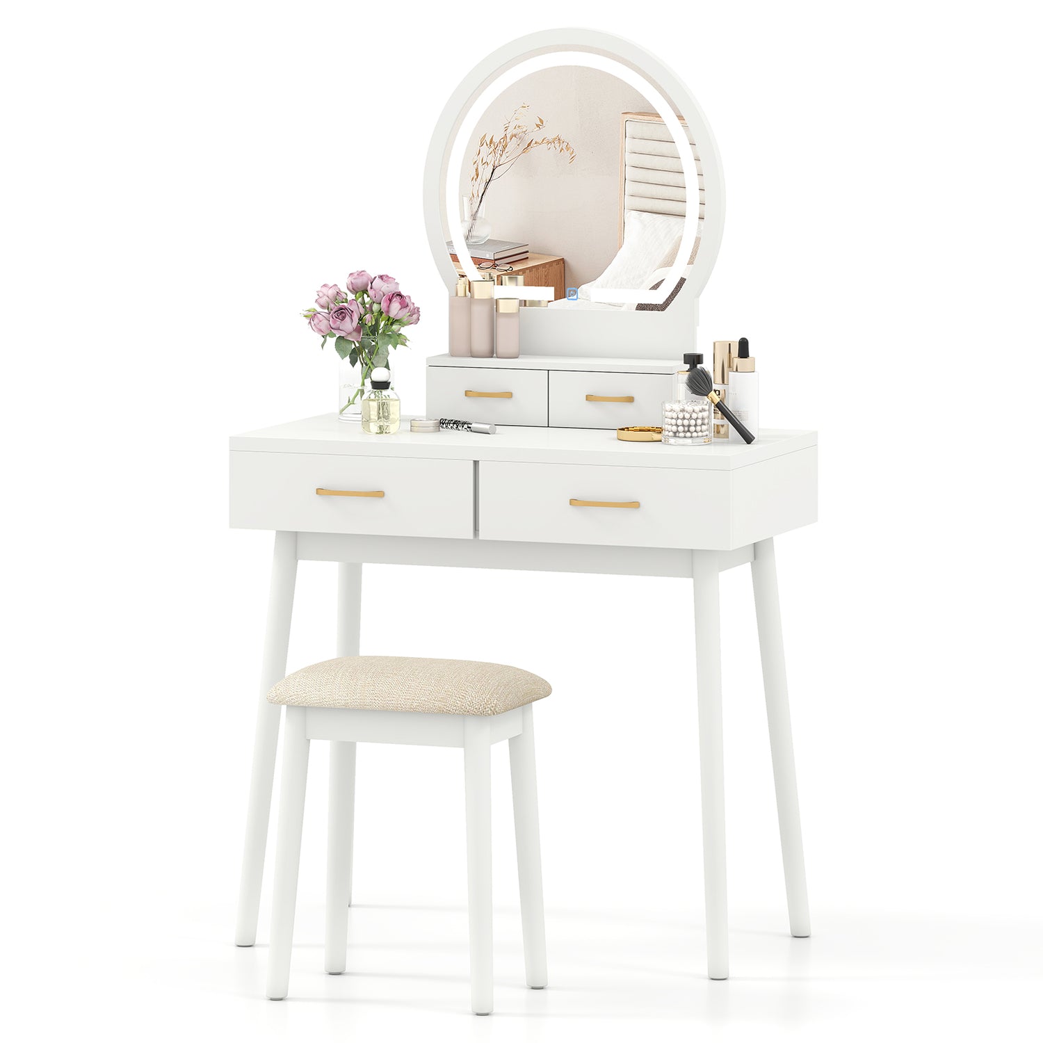 Small Vanity Makeup Dressing Table Set with Cushioned Stool and LED Lighted Mirror
