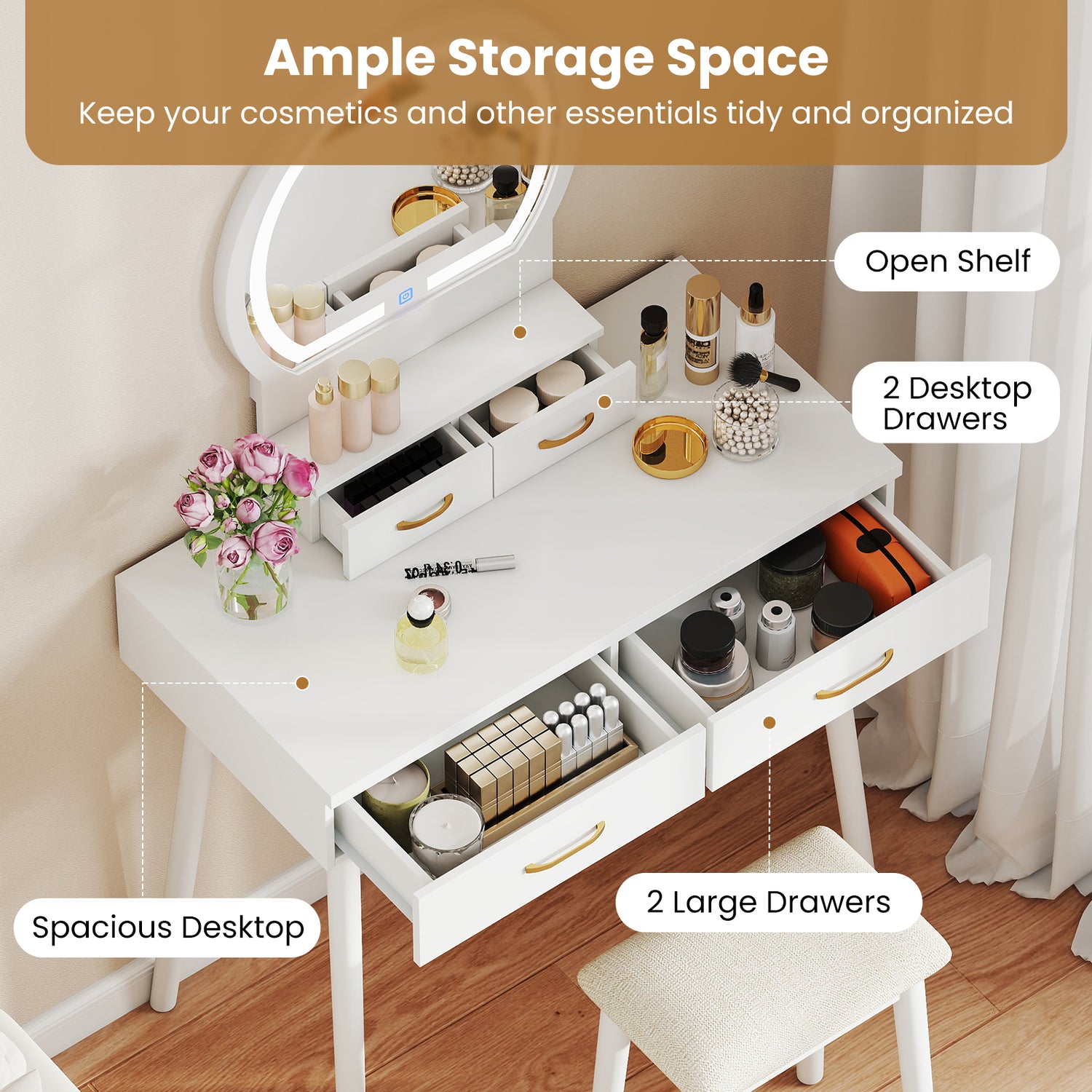 Small Vanity Makeup Dressing Table Set with Cushioned Stool and LED Lighted Mirror