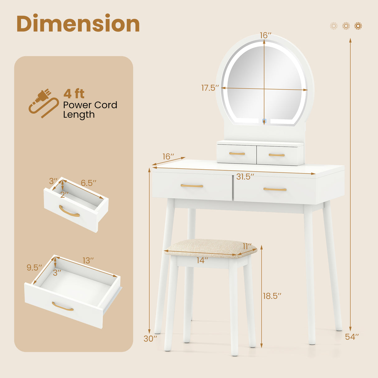 Small Vanity Makeup Dressing Table Set with Cushioned Stool and LED Lighted Mirror