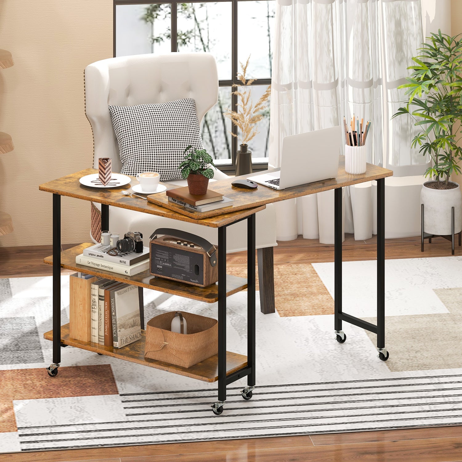 360° Rotating Sofa Side Table with 2-Tier Storage Shelves