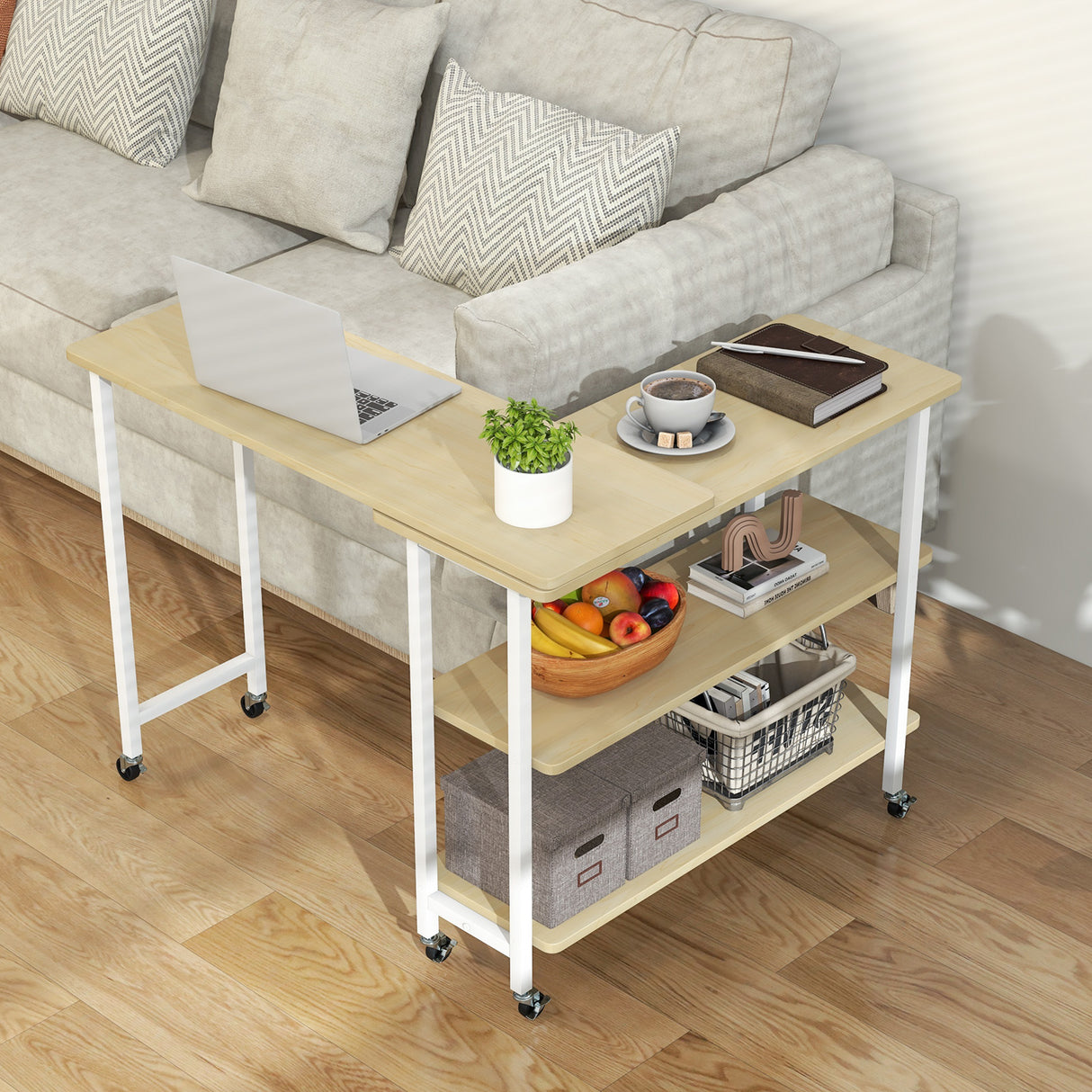360° Rotating Sofa Side Table with 2-Tier Storage Shelves