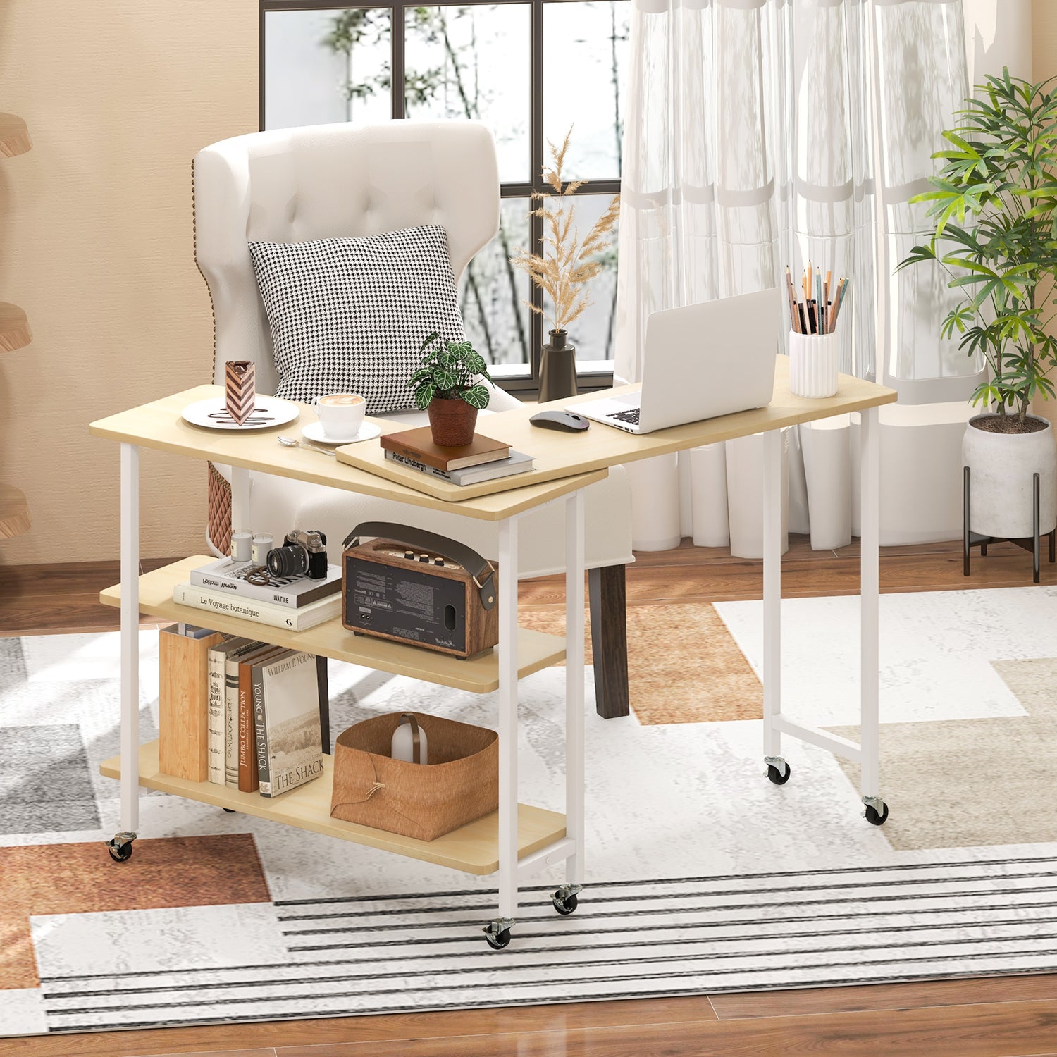 360° Rotating Sofa Side Table with 2-Tier Storage Shelves