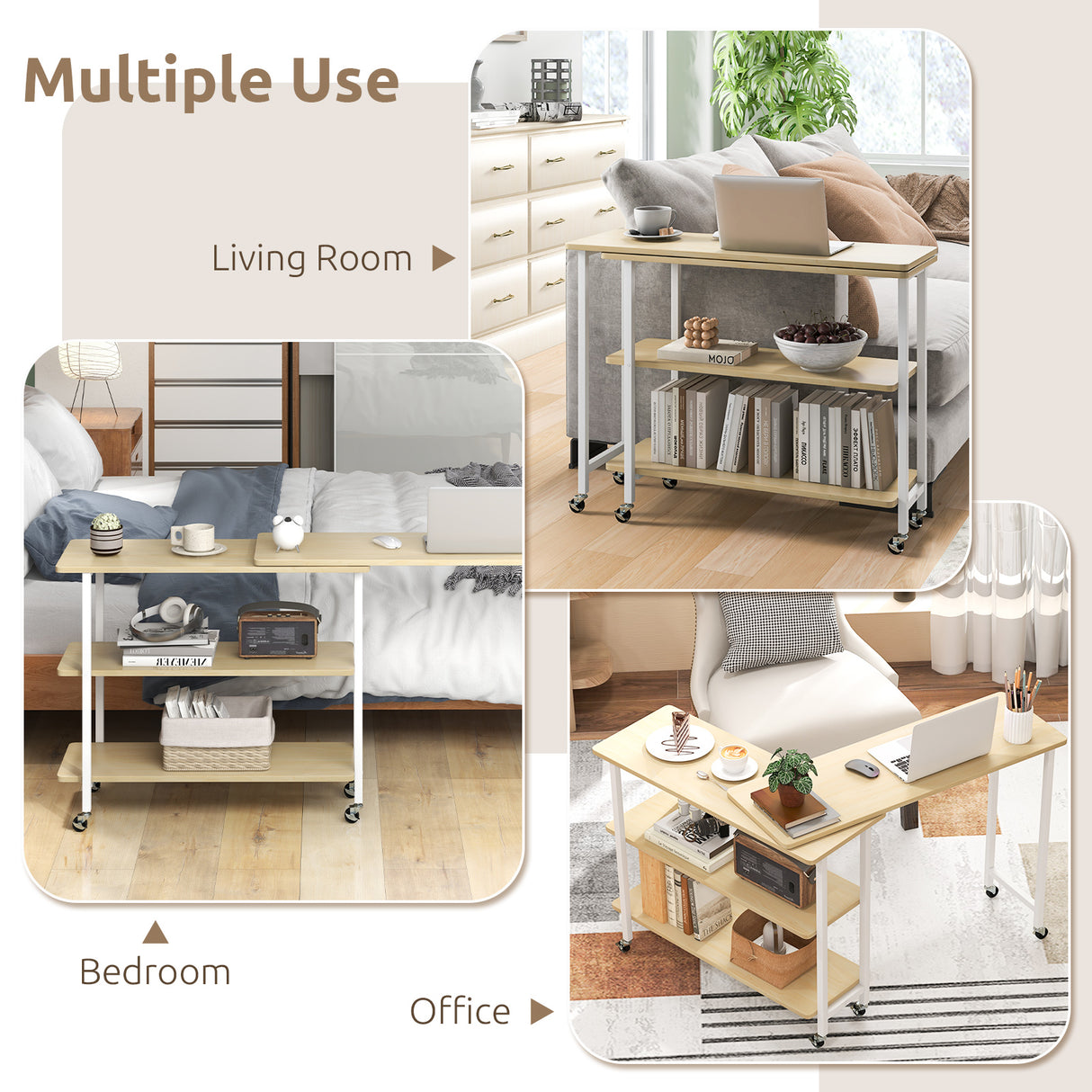 360° Rotating Sofa Side Table with 2-Tier Storage Shelves