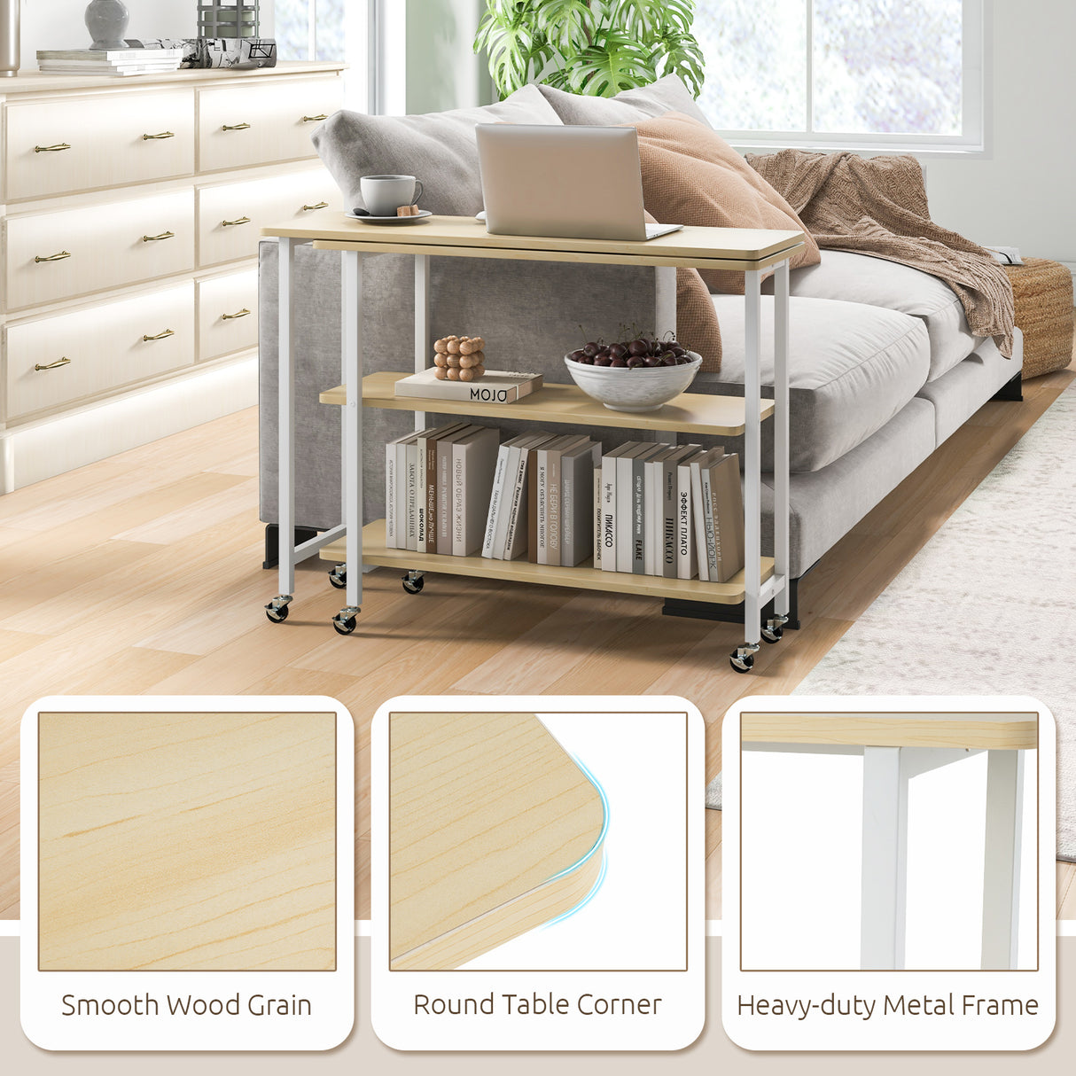 360° Rotating Sofa Side Table with 2-Tier Storage Shelves