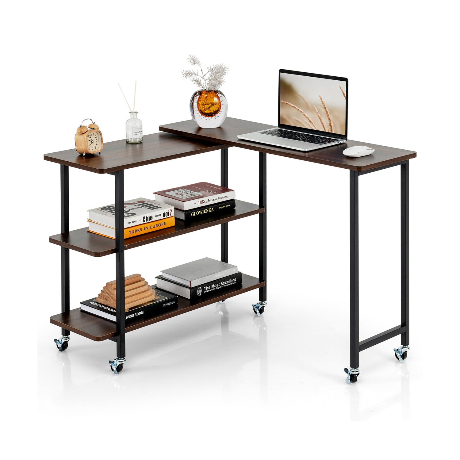 360° Rotating Sofa Side Table with 2-Tier Storage Shelves