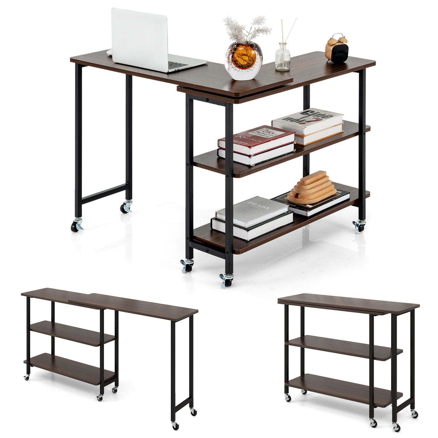 360° Rotating Sofa Side Table with 2-Tier Storage Shelves