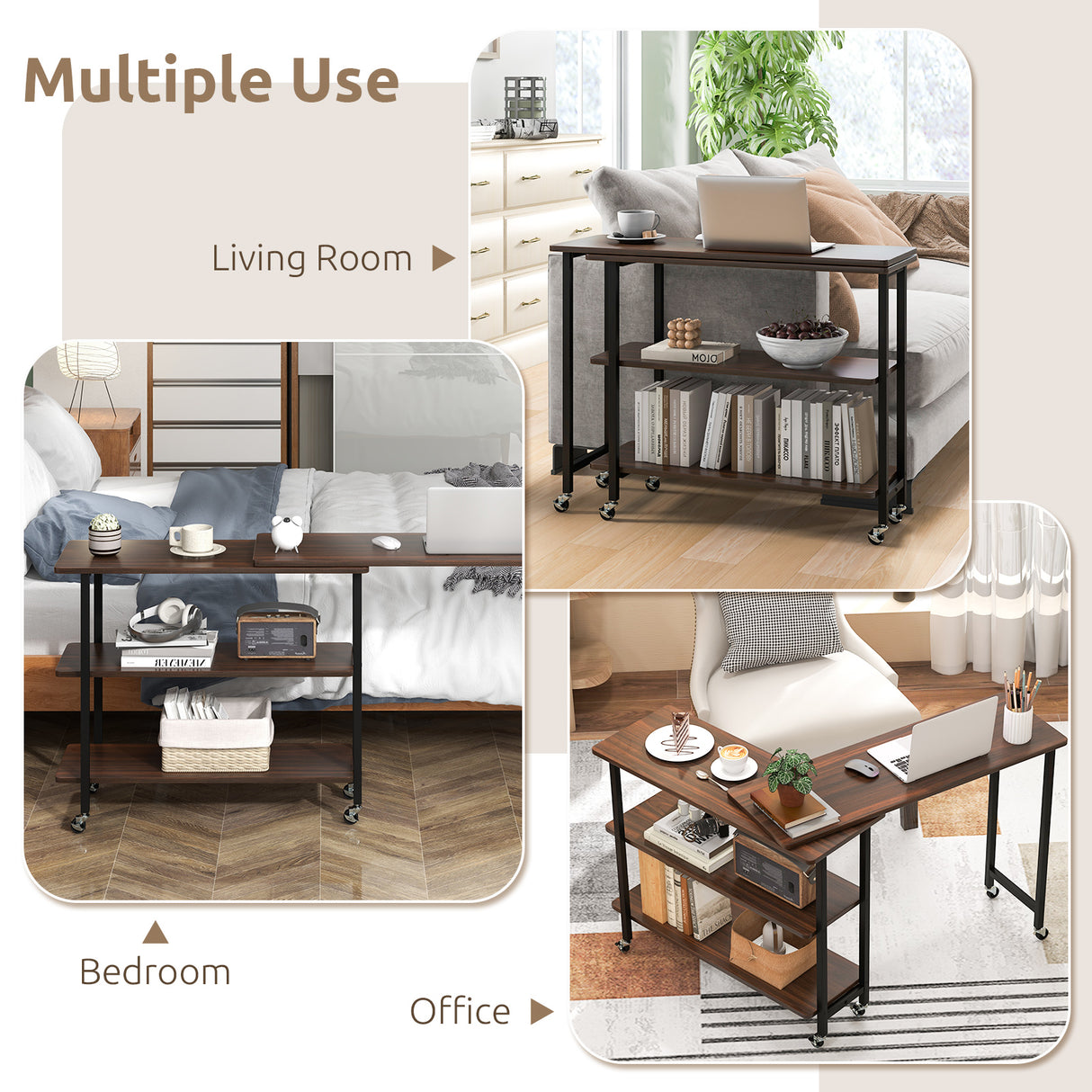 360° Rotating Sofa Side Table with 2-Tier Storage Shelves