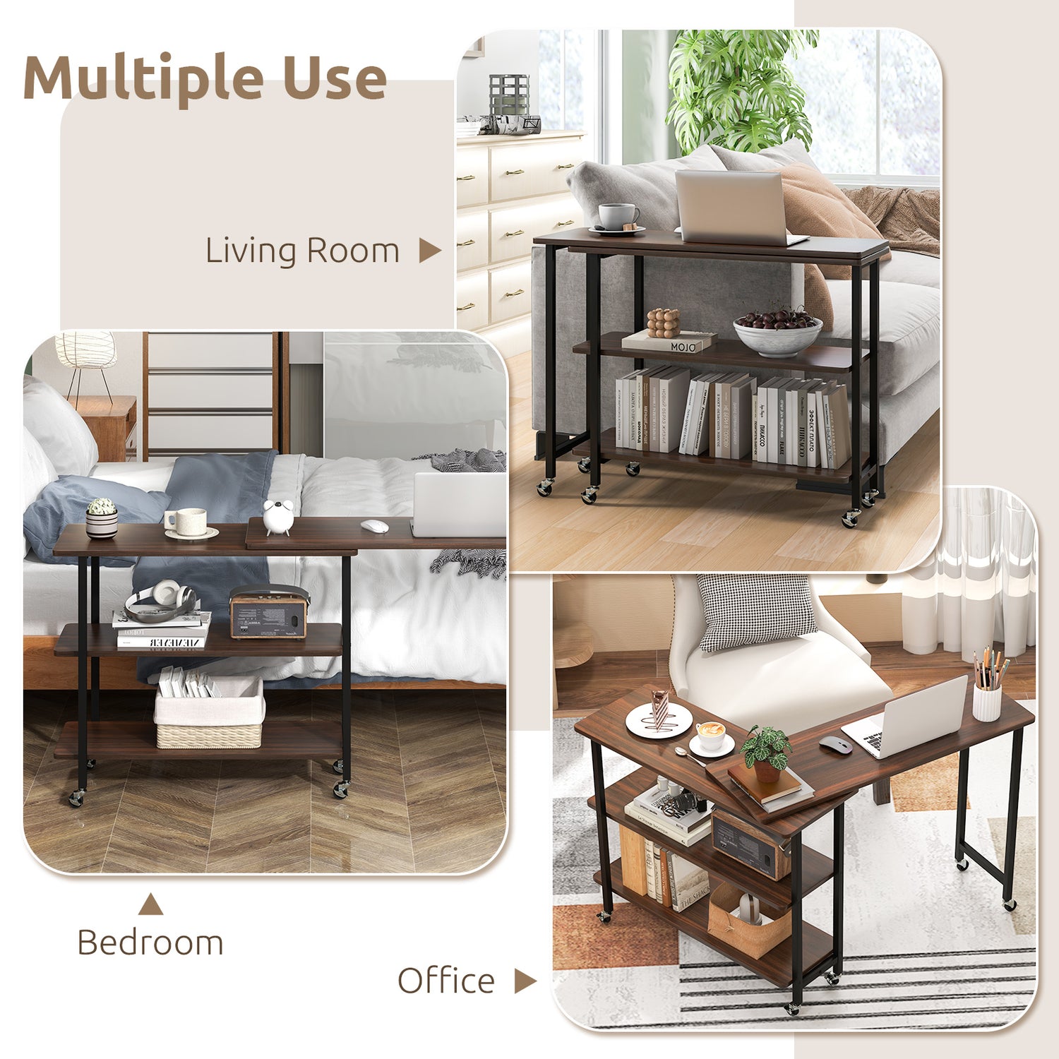 360° Rotating Sofa Side Table with 2-Tier Storage Shelves