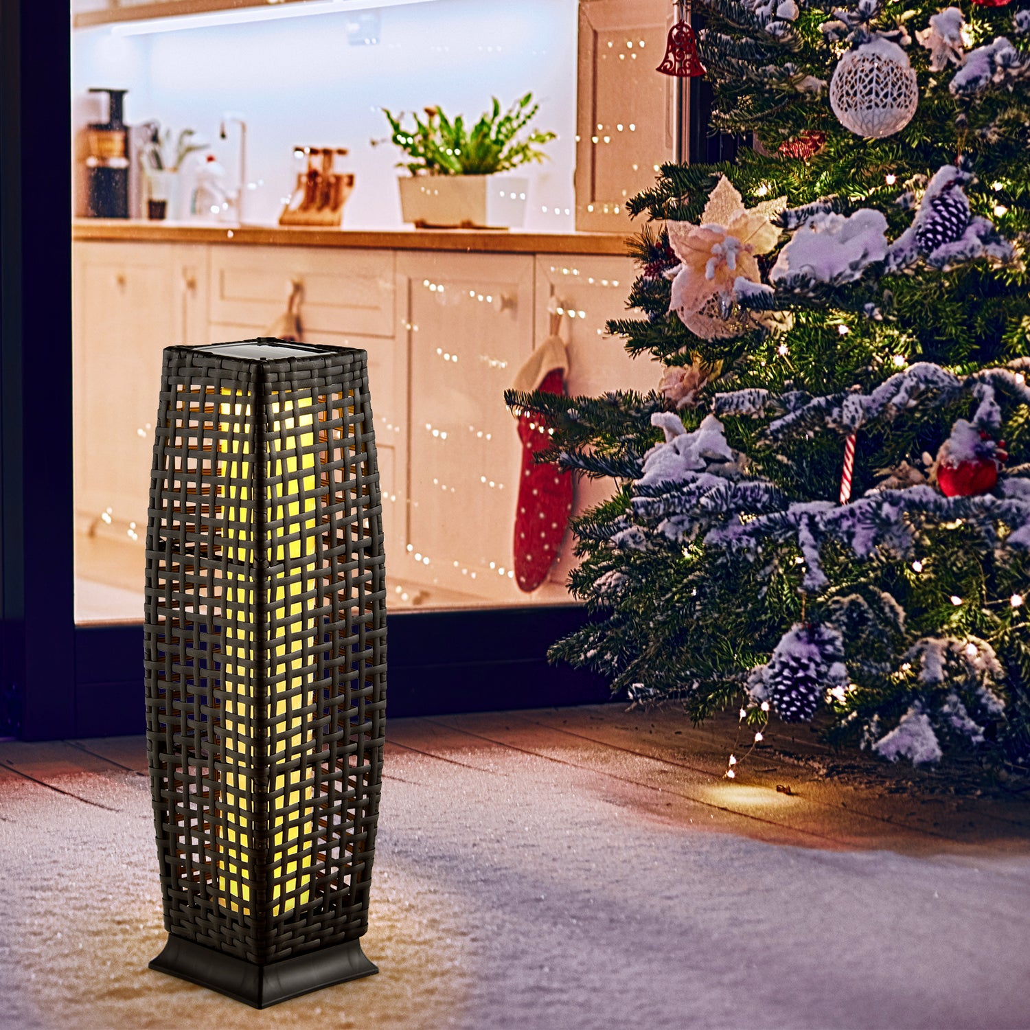 2 Pieces Solar-Powered Square Wicker Floor Lamps with Auto LED Light