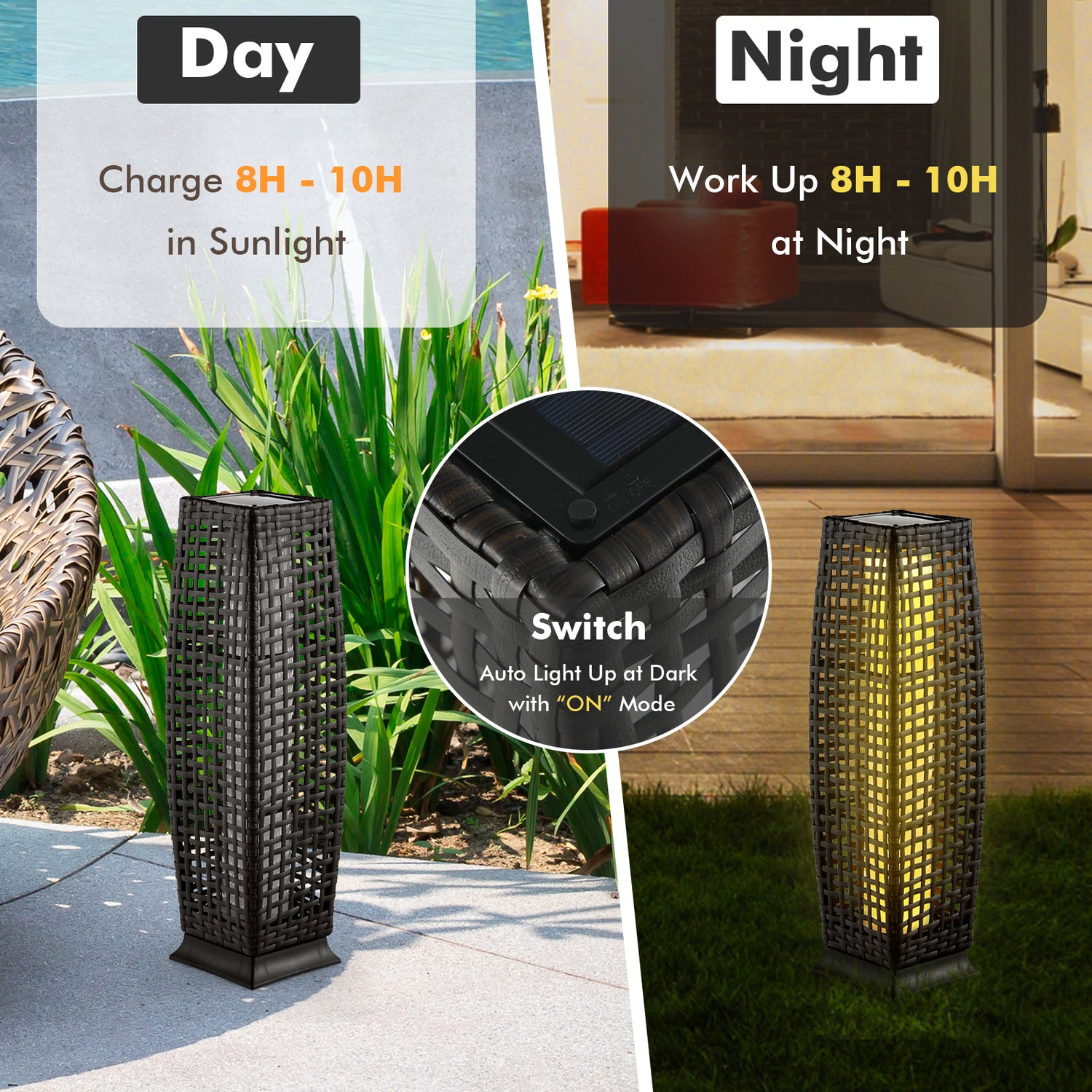 2 Pieces Solar-Powered Square Wicker Floor Lamps with Auto LED Light