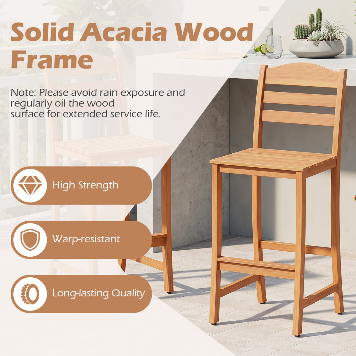 Solid Acacia Wood Bar Stools Heavy-duty Outdoor Barstools with 400 LBS Max Load