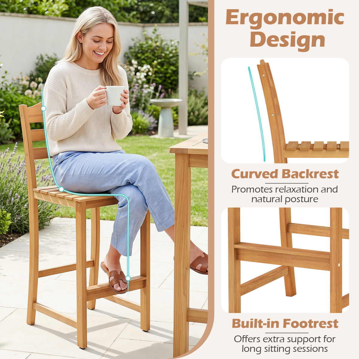 Solid Acacia Wood Bar Stools Heavy-duty Outdoor Barstools with 400 LBS Max Load
