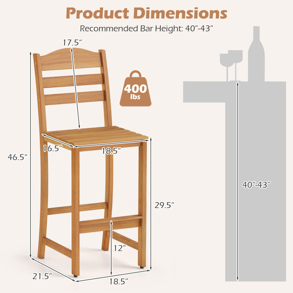 Solid Acacia Wood Bar Stools Heavy-duty Outdoor Barstools with 400 LBS Max Load
