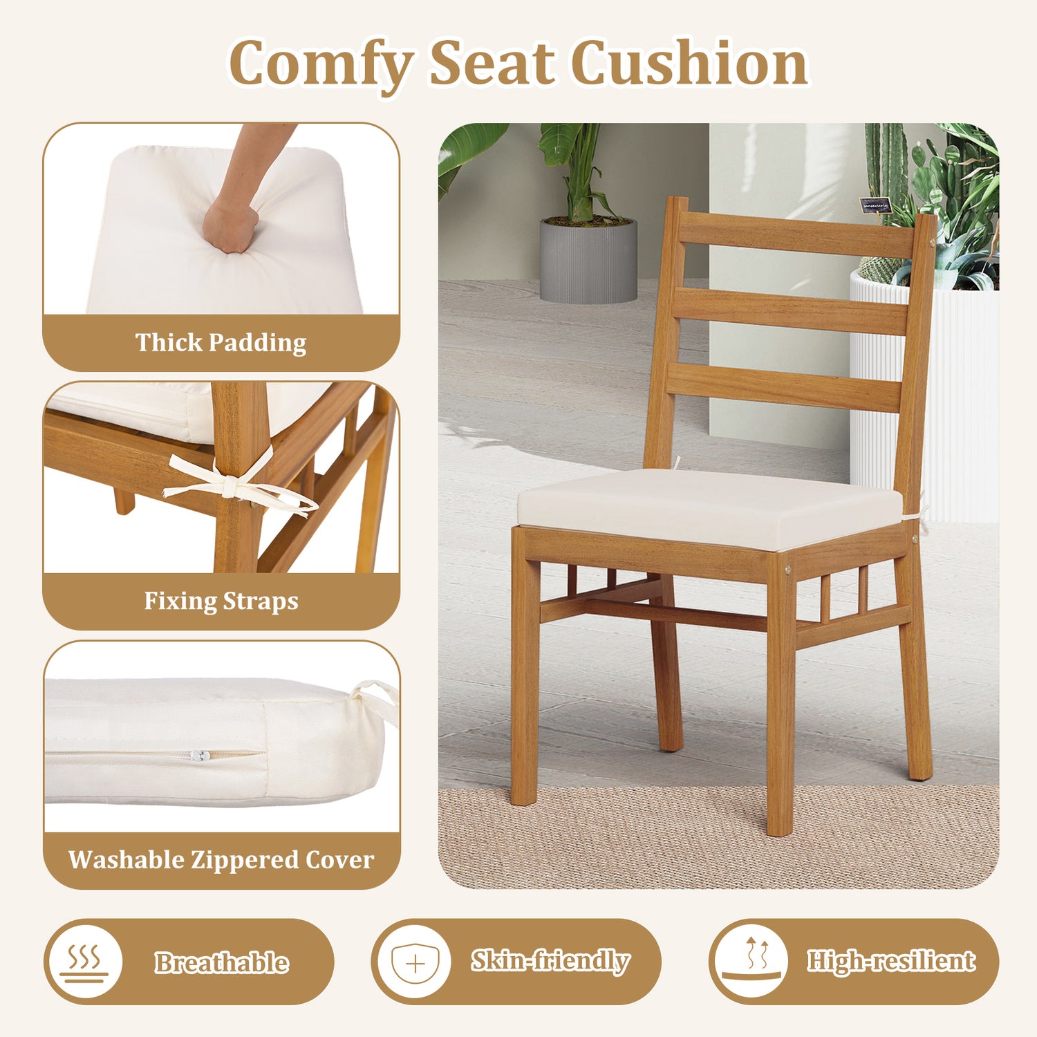 Solid Acacia Wood Patio Chair Set of 2 Armless Chair-White