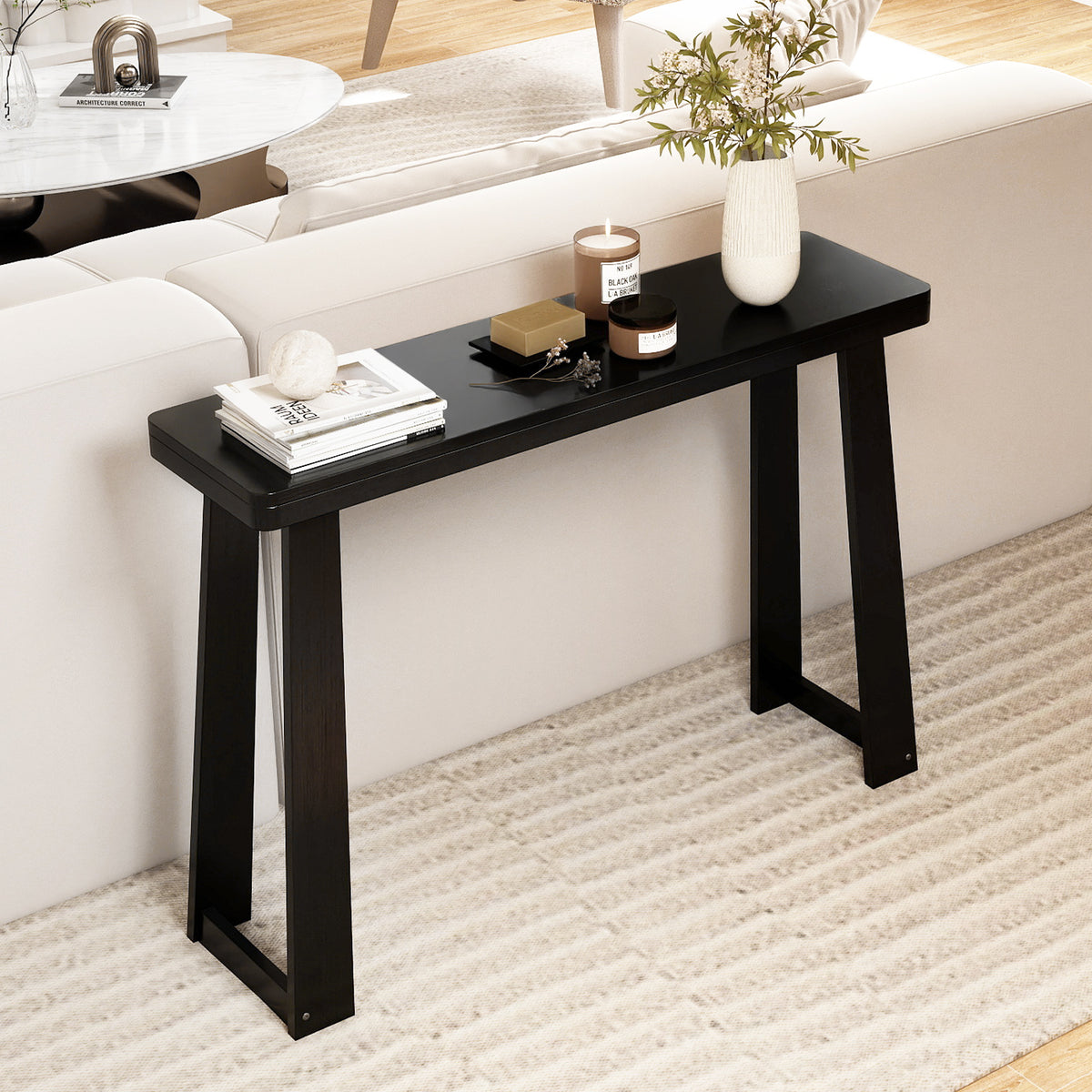 Solid Rubber Wood Console Table 43inch Narrow Entryway Table with Thick Tabletop and Stable Base
