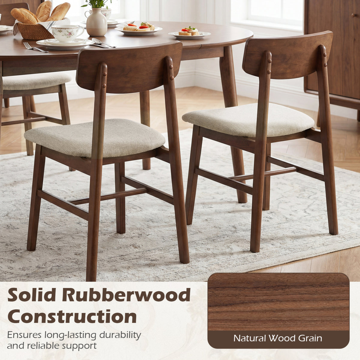 Solid Rubber Wood Dining Chairs Set of 4 with Curved Backrest-Walnut