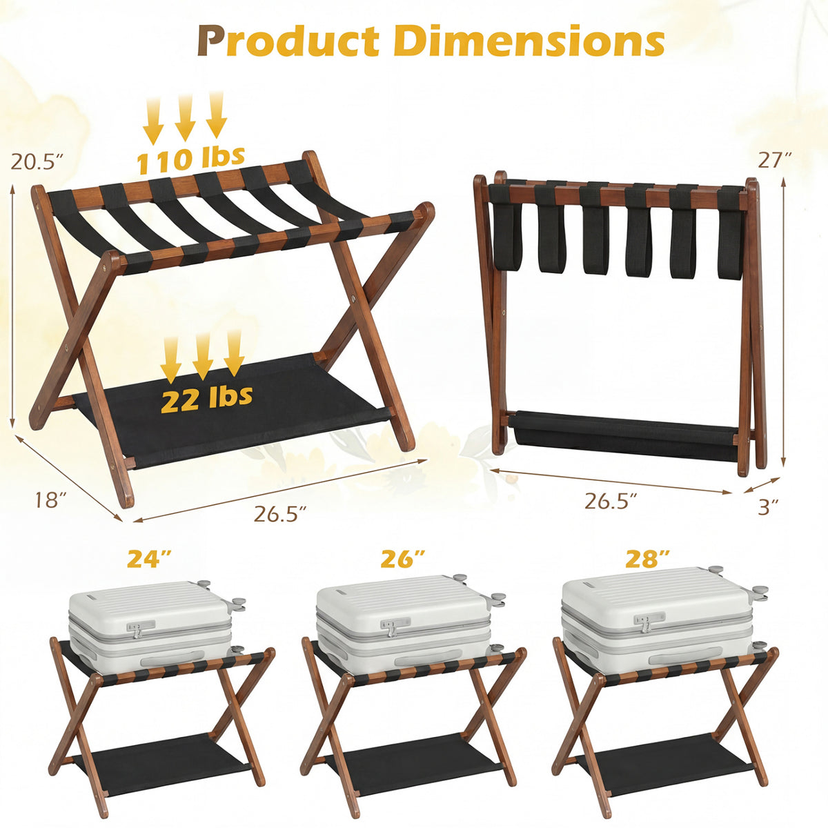 Solid Rubberwood Folding Luggage Rack with Nylon Shelves