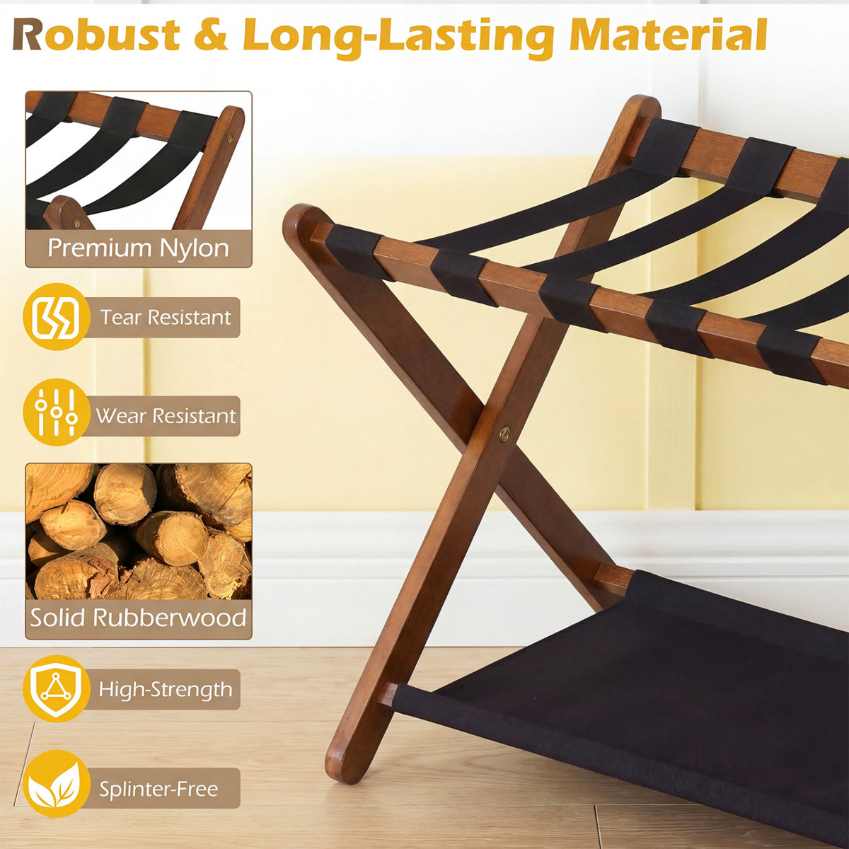 Solid Rubberwood Folding Luggage Rack with Nylon Shelves