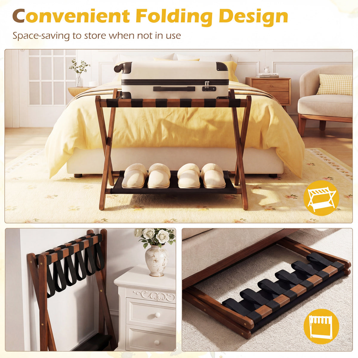 Solid Rubberwood Folding Luggage Rack with Nylon Shelves