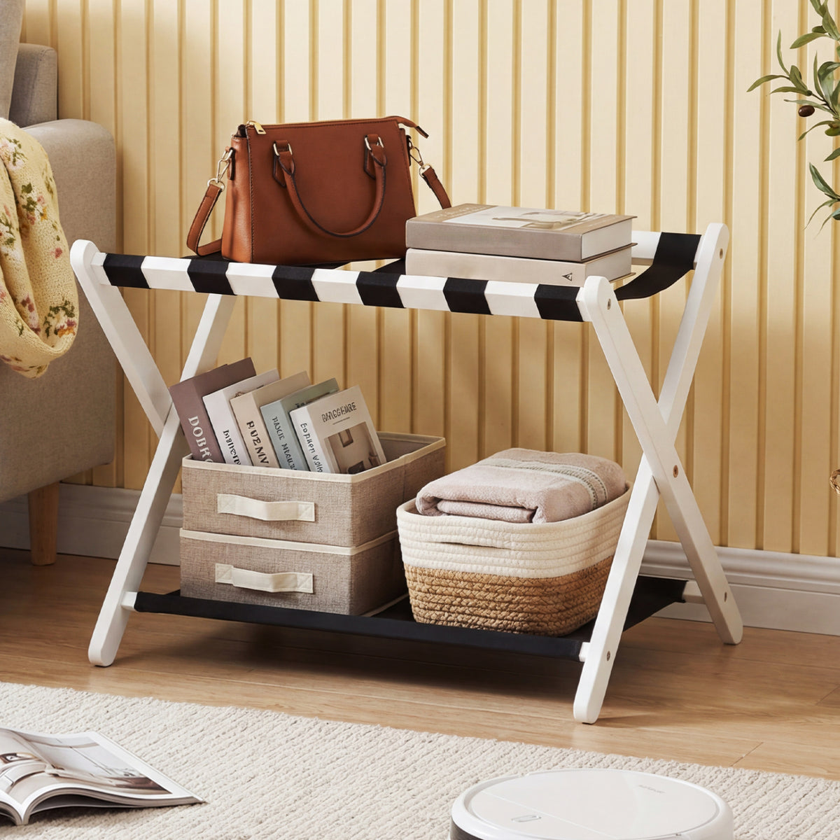 Solid Rubberwood Folding Luggage Rack with Nylon Shelves
