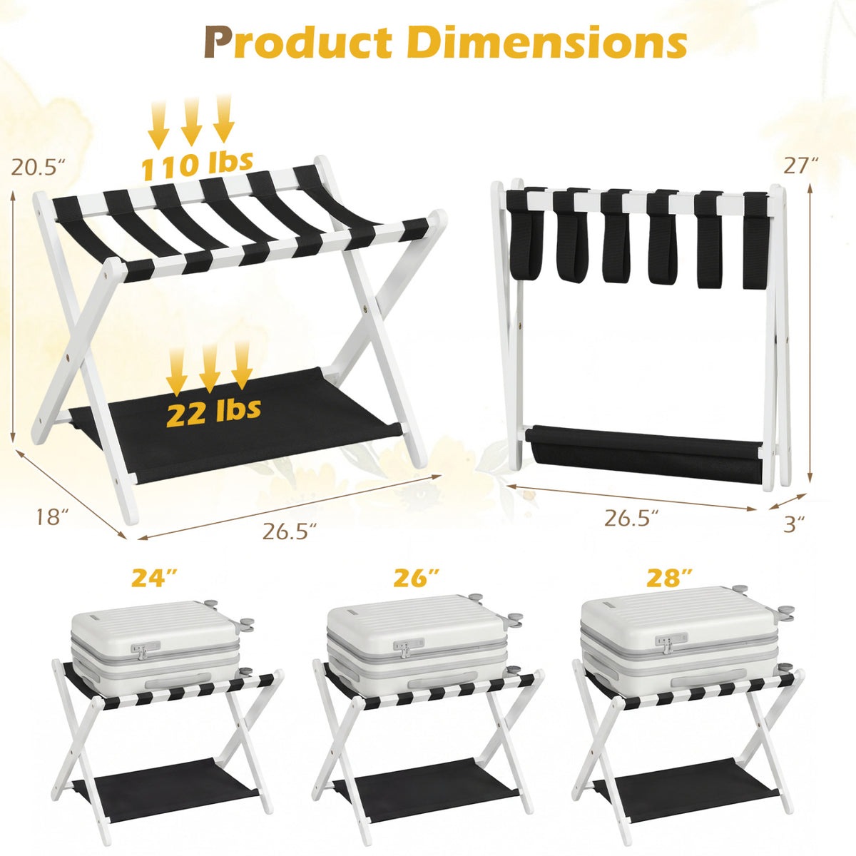 Solid Rubberwood Folding Luggage Rack with Nylon Shelves