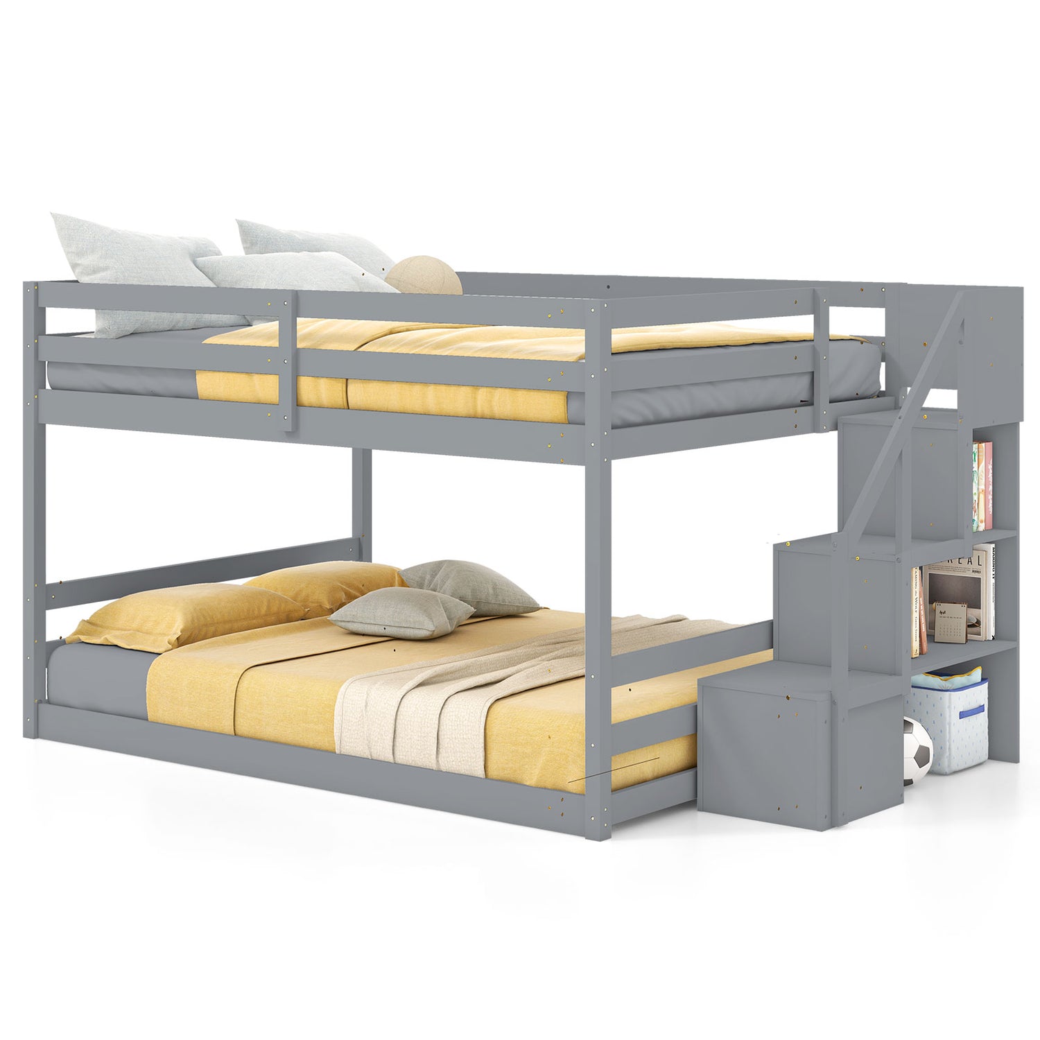 Solid Wood Full Over Full Low Bunk Bed with Storage Stairs