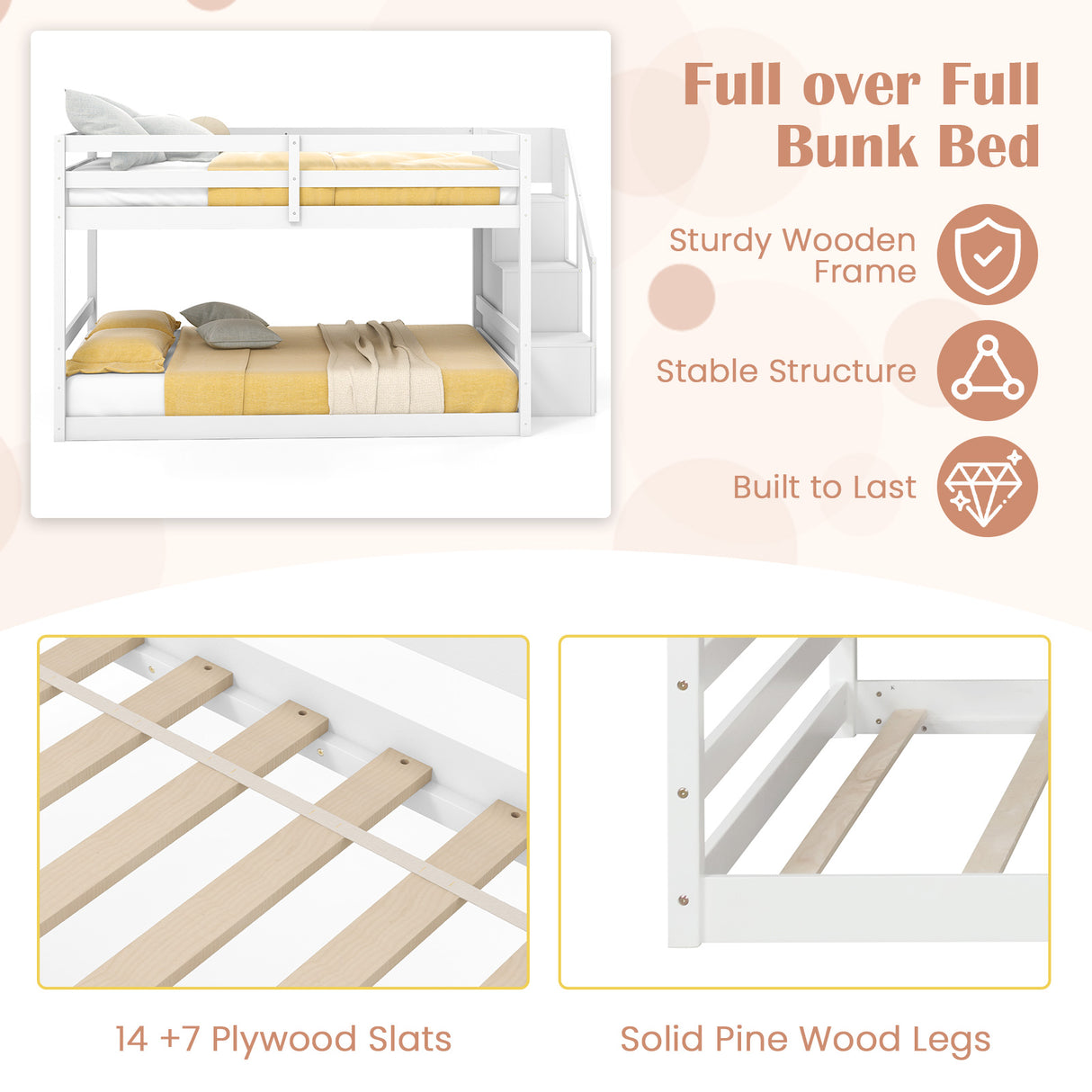 Solid Wood Full Over Full Low Bunk Bed with Storage Stairs
