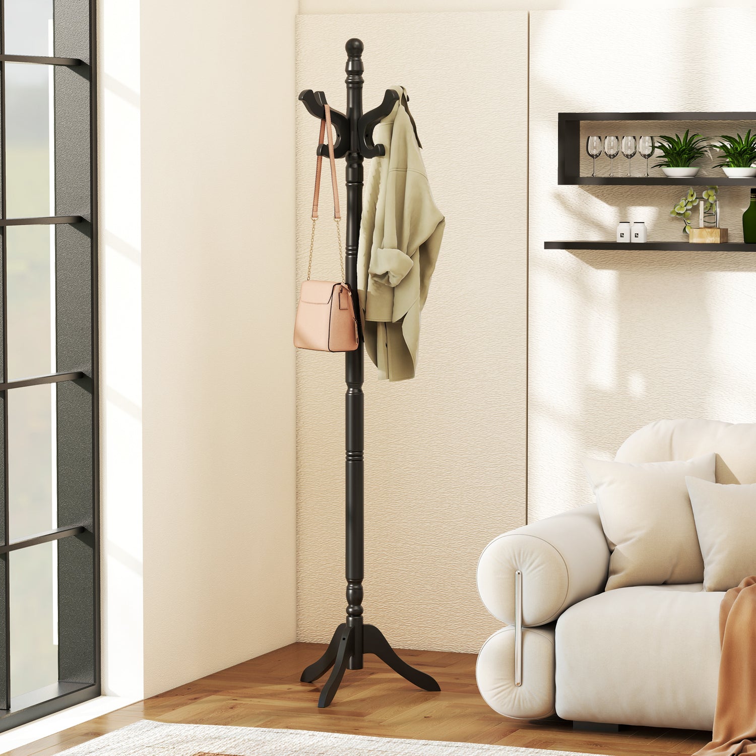 Solid Wood Hall Tree with 11 Hooks and 3 Height Options for Entryway