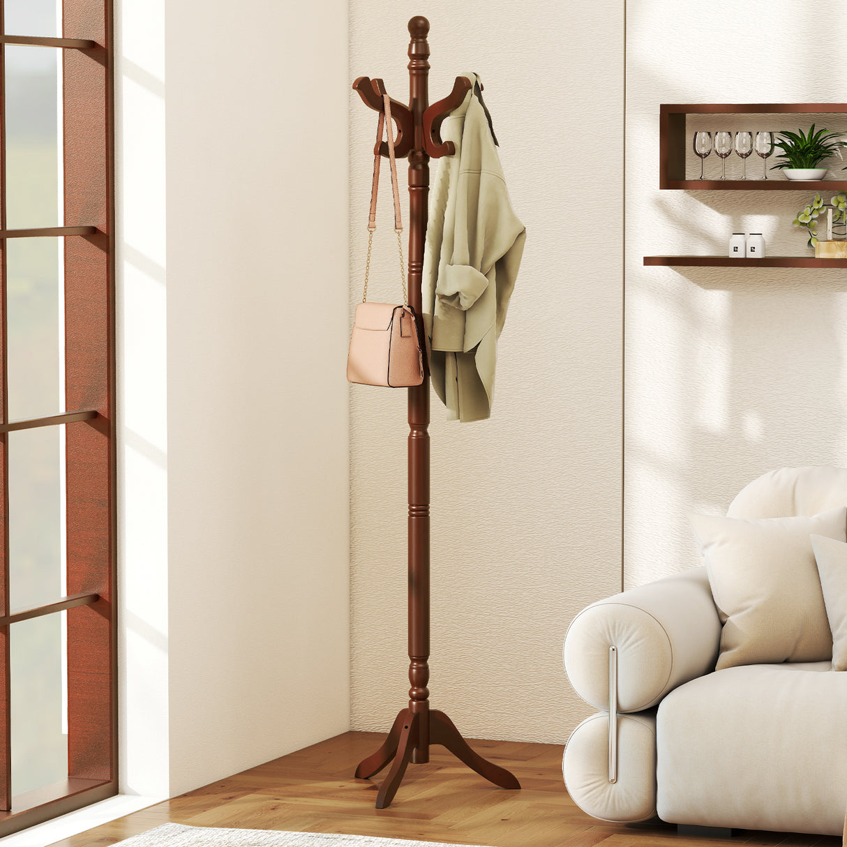 Solid Wood Hall Tree with 11 Hooks and 3 Height Options for Entryway