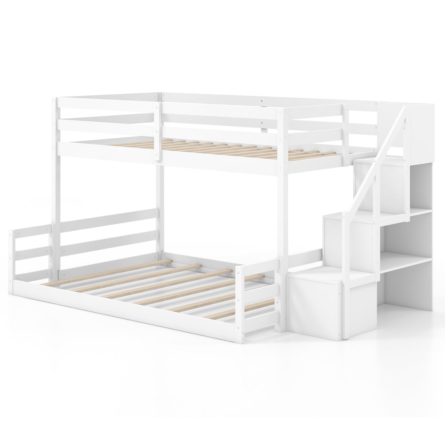 Solid Wood Twin Over Full Low Bunk Bed with Storage Stairs