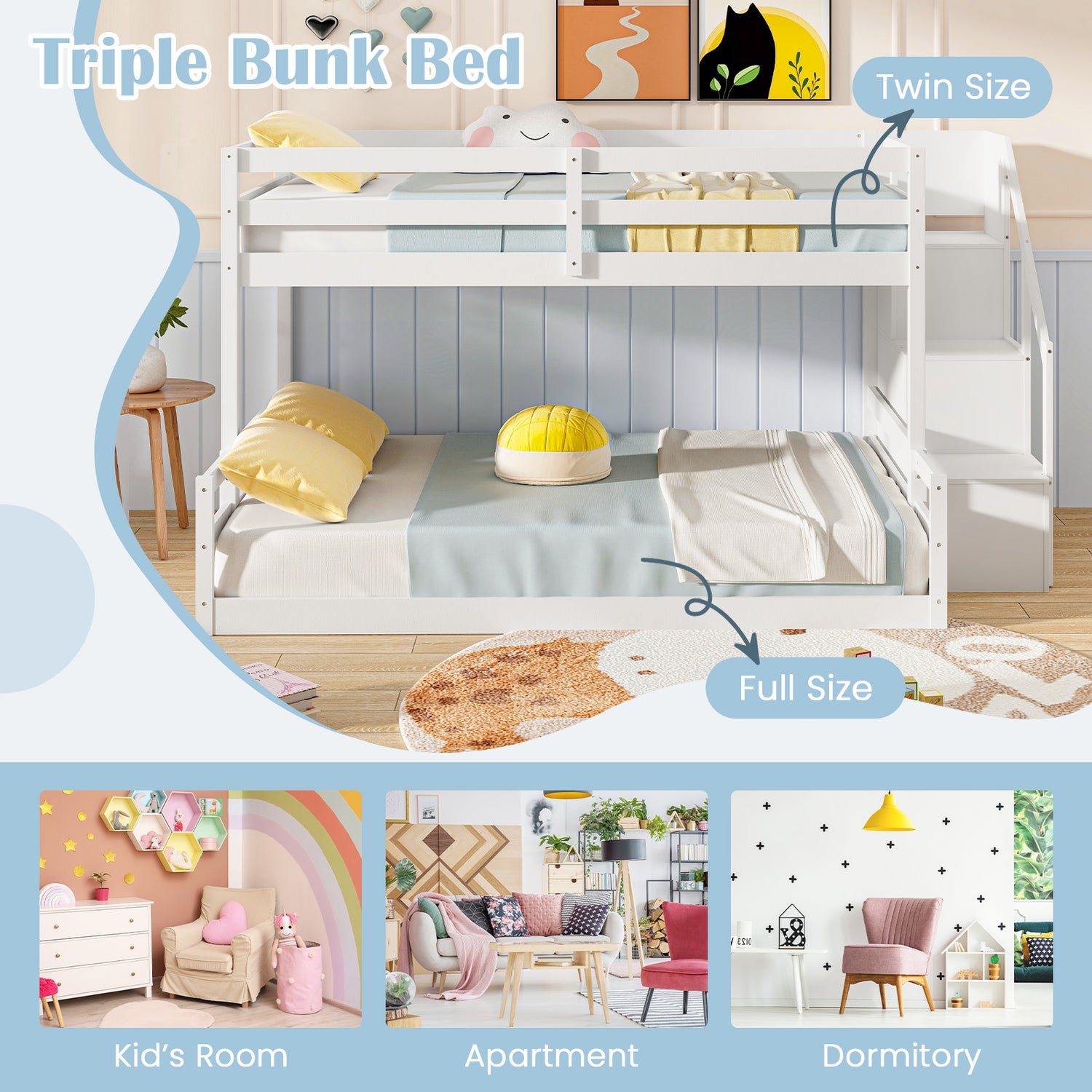 Solid Wood Twin Over Full Low Bunk Bed with Storage Stairs