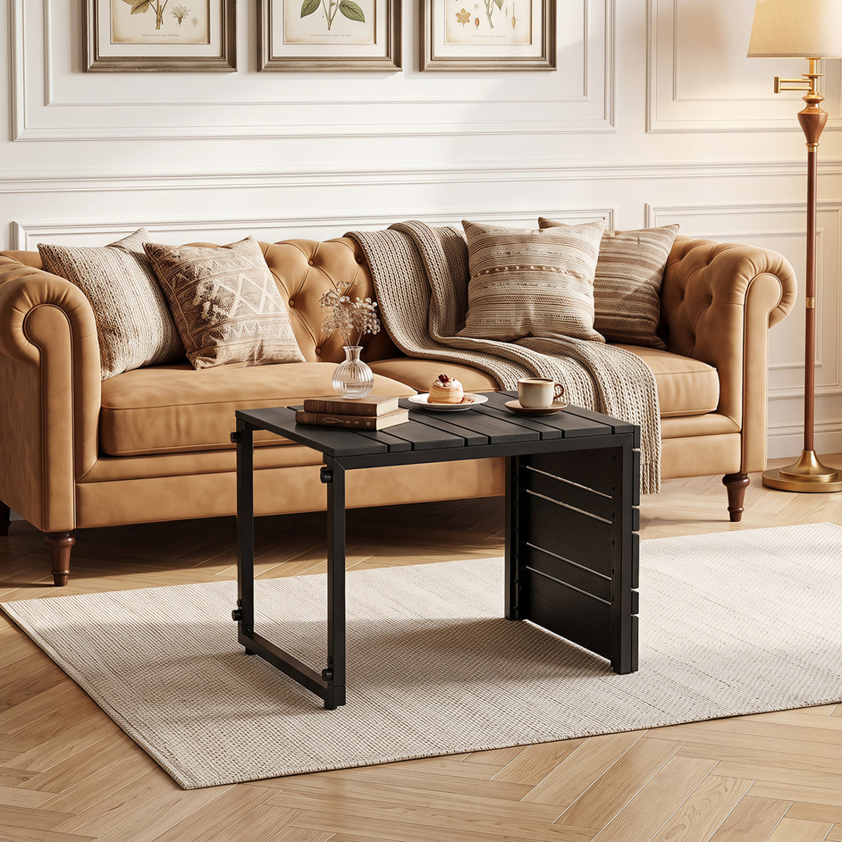 Space-Saving C-Shaped Side Table with Wood-Plastic Top for Indoor Outdoor-Black
