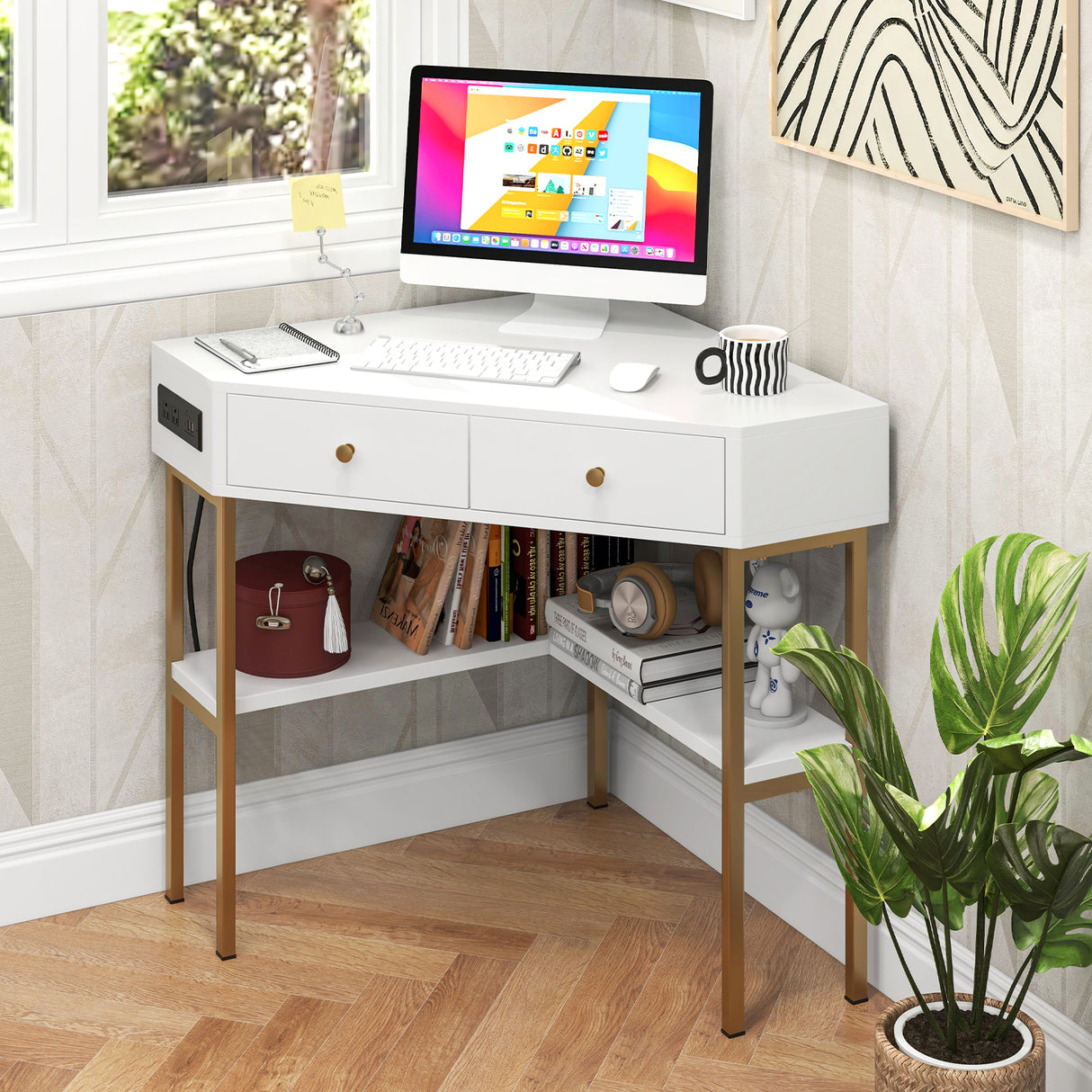 Triangle Corner Desk with Charging Station with 2 Drawers and Storage Shelf