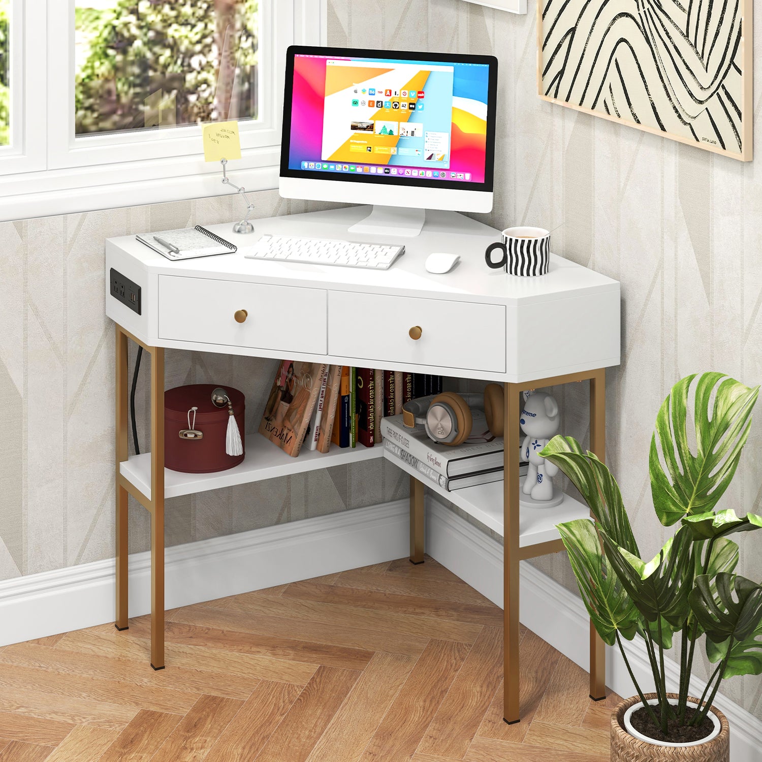 Triangle Corner Desk with Charging Station with 2 Drawers and Storage Shelf
