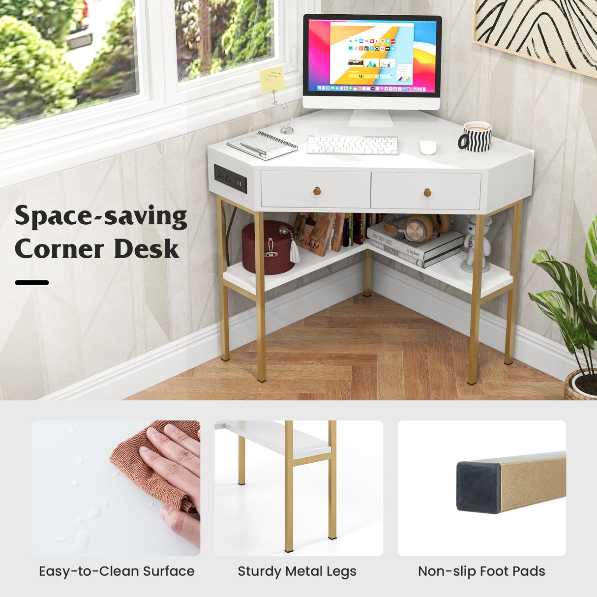 Triangle Corner Desk with Charging Station with 2 Drawers and Storage Shelf