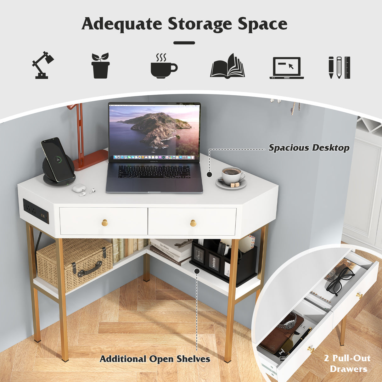 Triangle Corner Desk with Charging Station with 2 Drawers and Storage Shelf