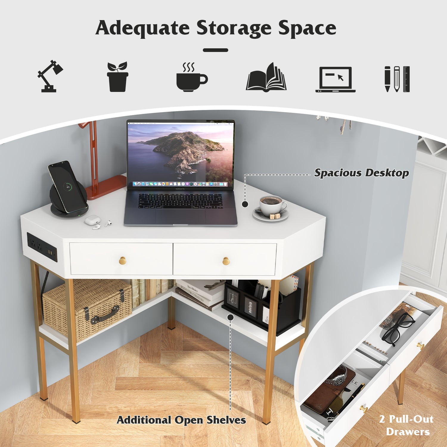 Triangle Corner Desk with Charging Station with 2 Drawers and Storage Shelf