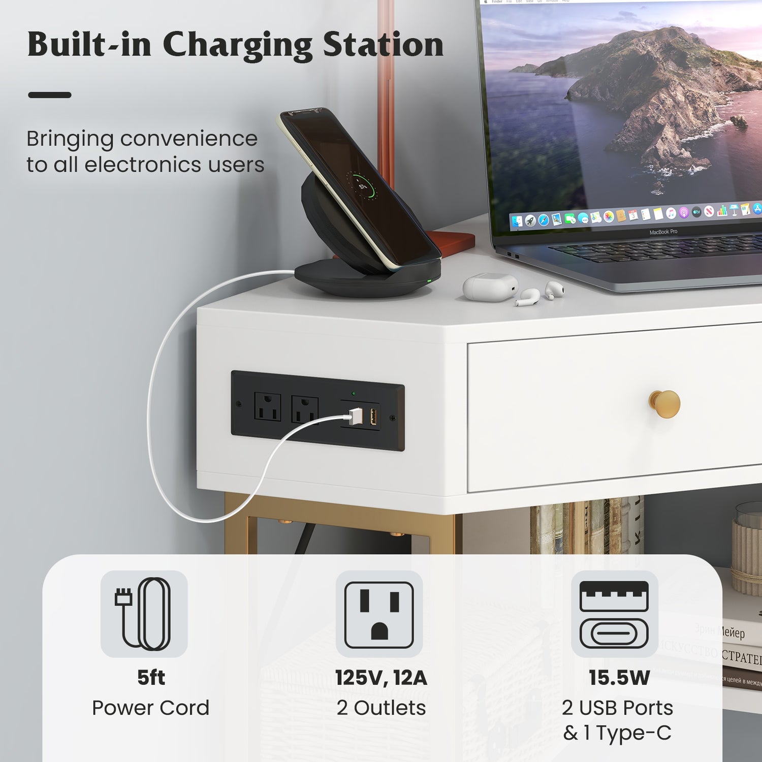 Triangle Corner Desk with Charging Station with 2 Drawers and Storage Shelf