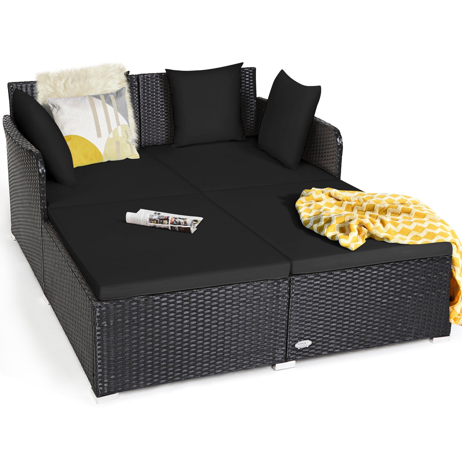 Spacious Outdoor Rattan Daybed with Upholstered Cushions and Pillows