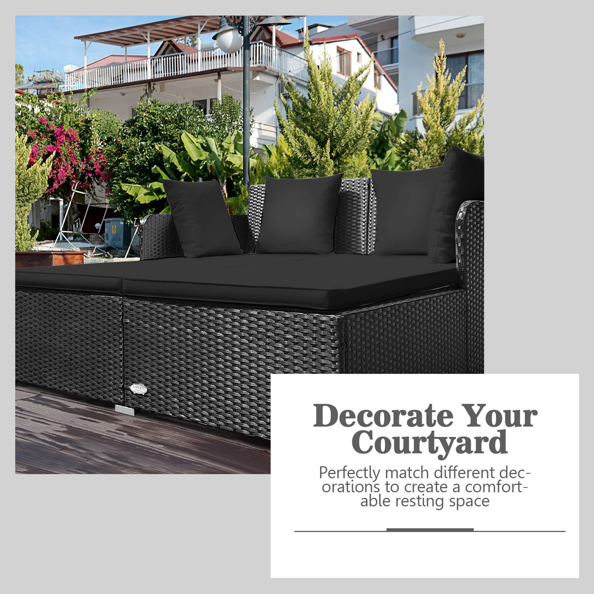 Spacious Outdoor Rattan Daybed with Upholstered Cushions and Pillows