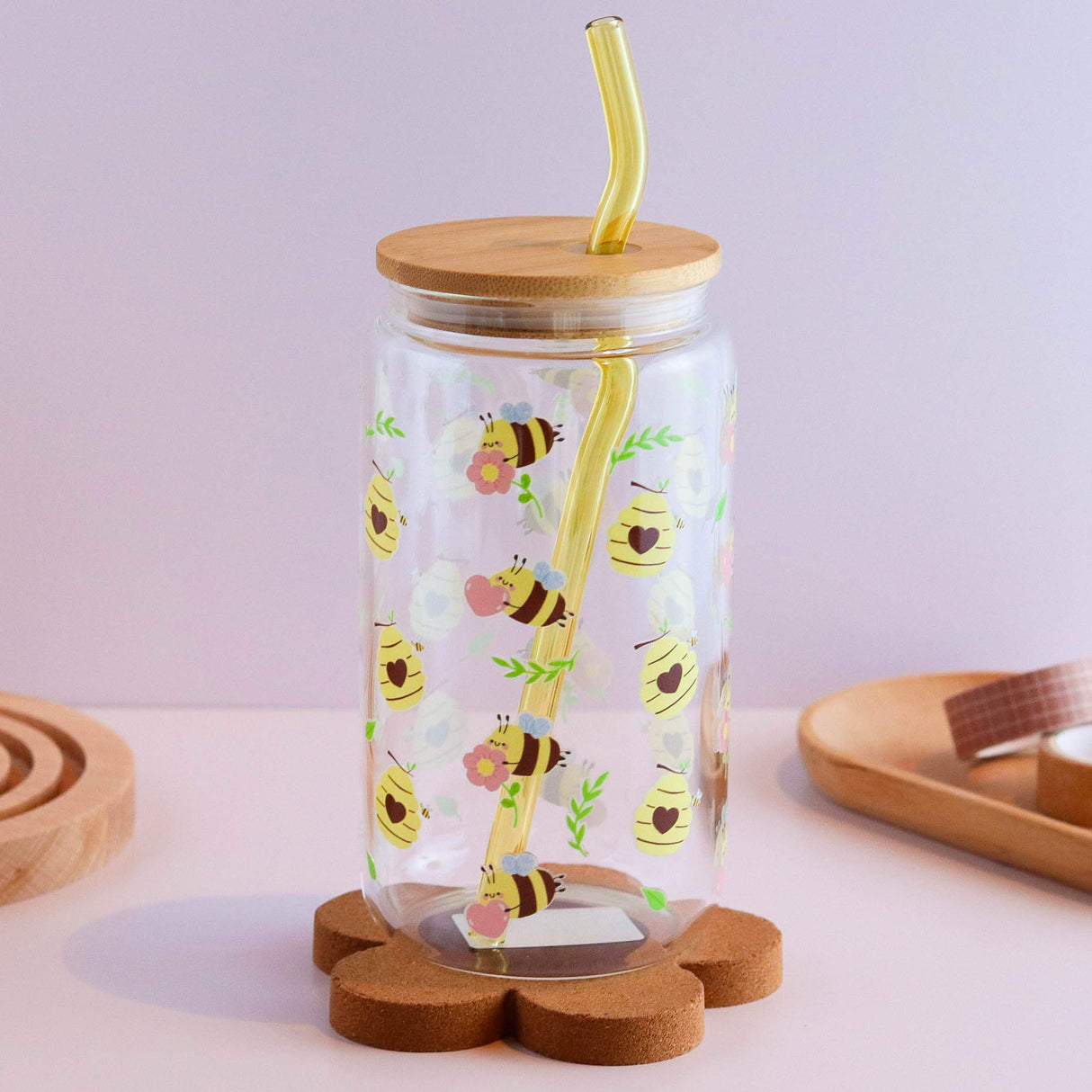 Spring Bees and Beehive 16 oz Glass Cup Set