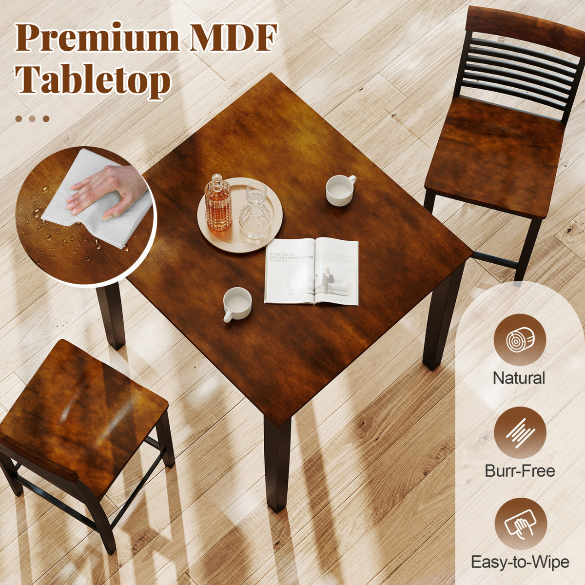Square Dining Table with Solid Wood Frame for 4-Person