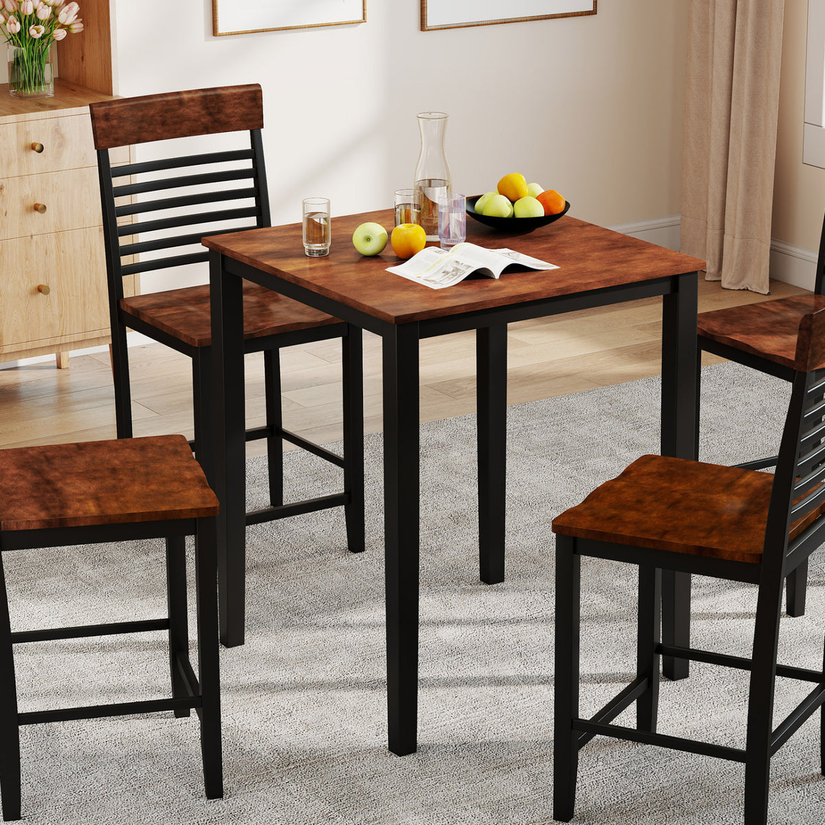 Square Dining Table with Solid Wood Frame for 4-Person