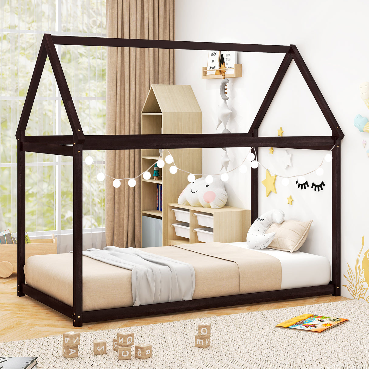 Stable Kids Platform Floor Bed with Roof ang Heavy-Duty Slats