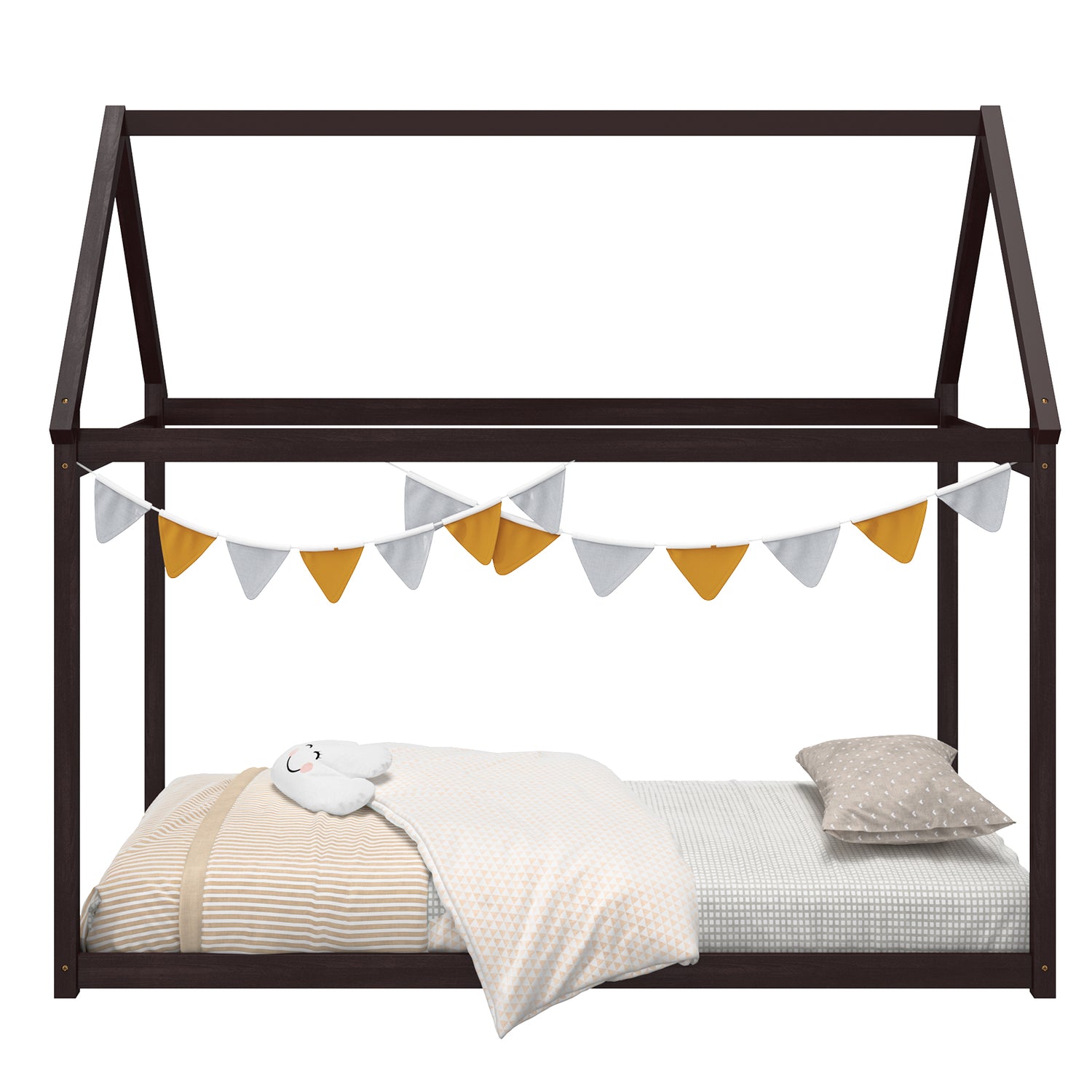 Stable Kids Platform Floor Bed with Roof ang Heavy-Duty Slats