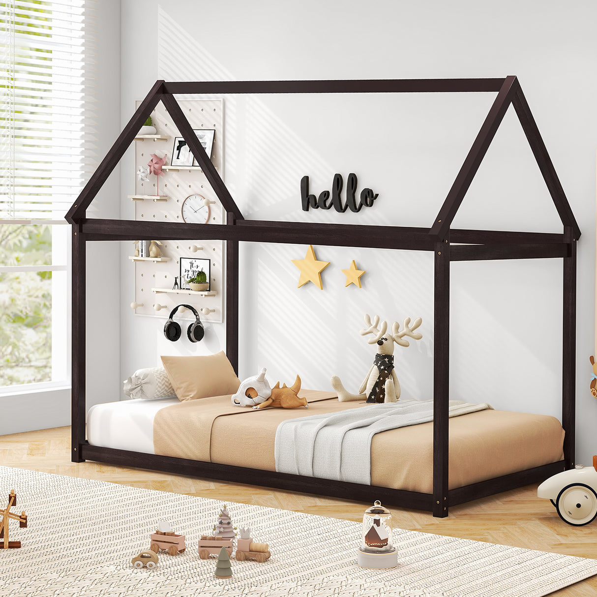 Stable Kids Platform Floor Bed with Roof ang Heavy-Duty Slats