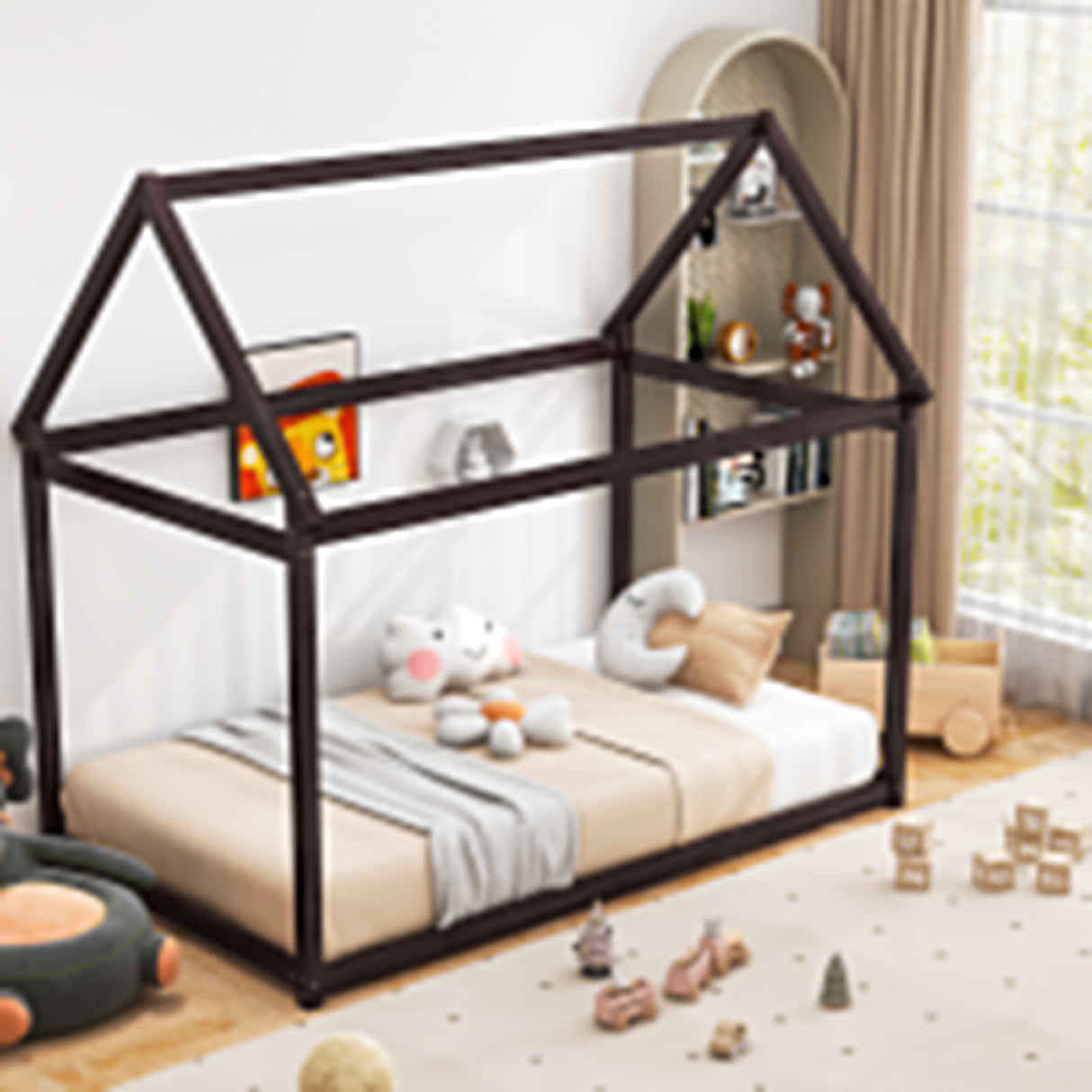 Stable Kids Platform Floor Bed with Roof ang Heavy-Duty Slats