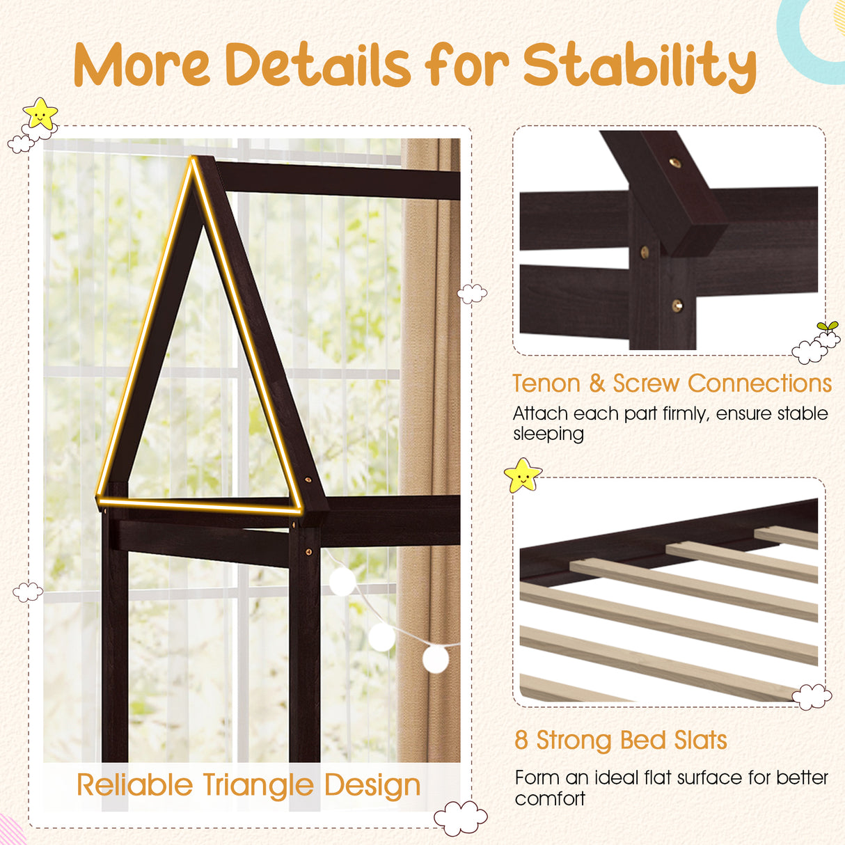 Stable Kids Platform Floor Bed with Roof ang Heavy-Duty Slats